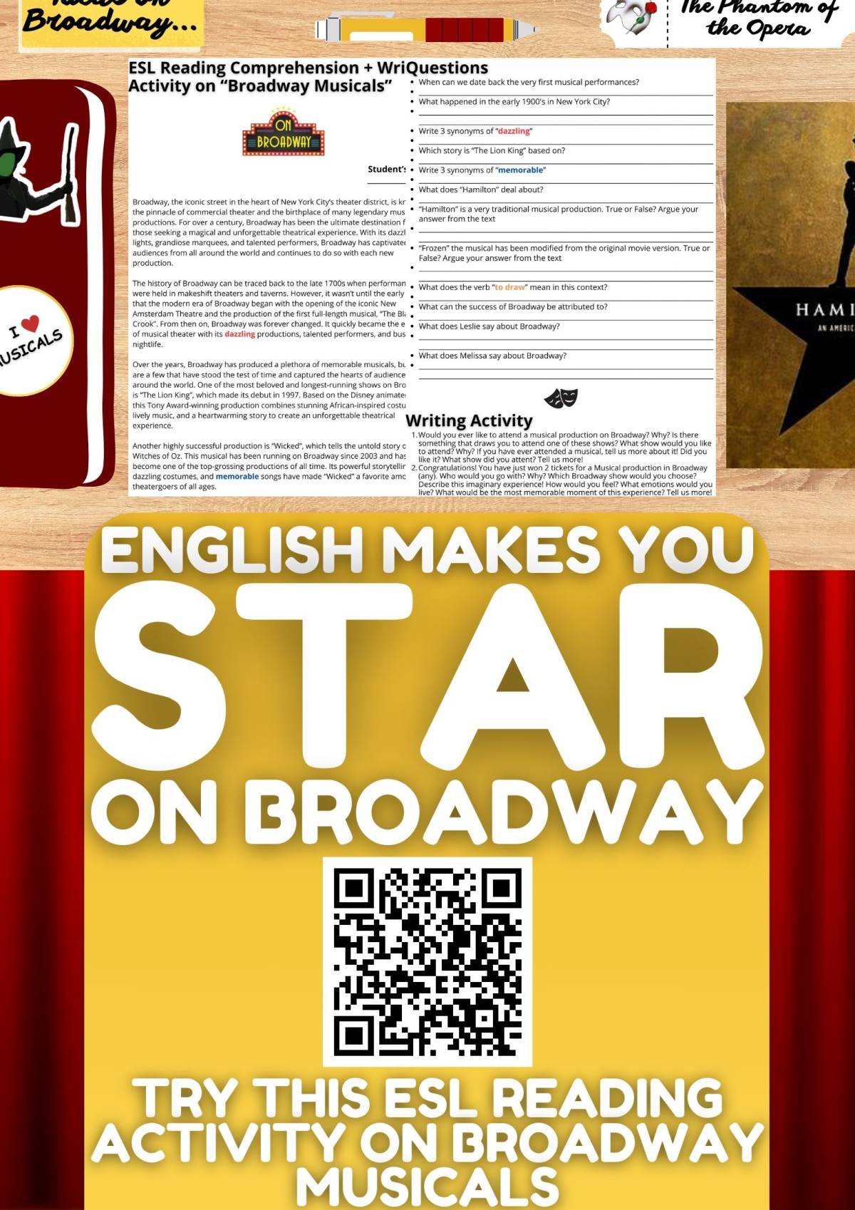 An educational teaching resource from Learning with Alan entitled ESL Reading Comprehension + Writing Activity on Broadway Musicals downloadable at Teach Simple.
