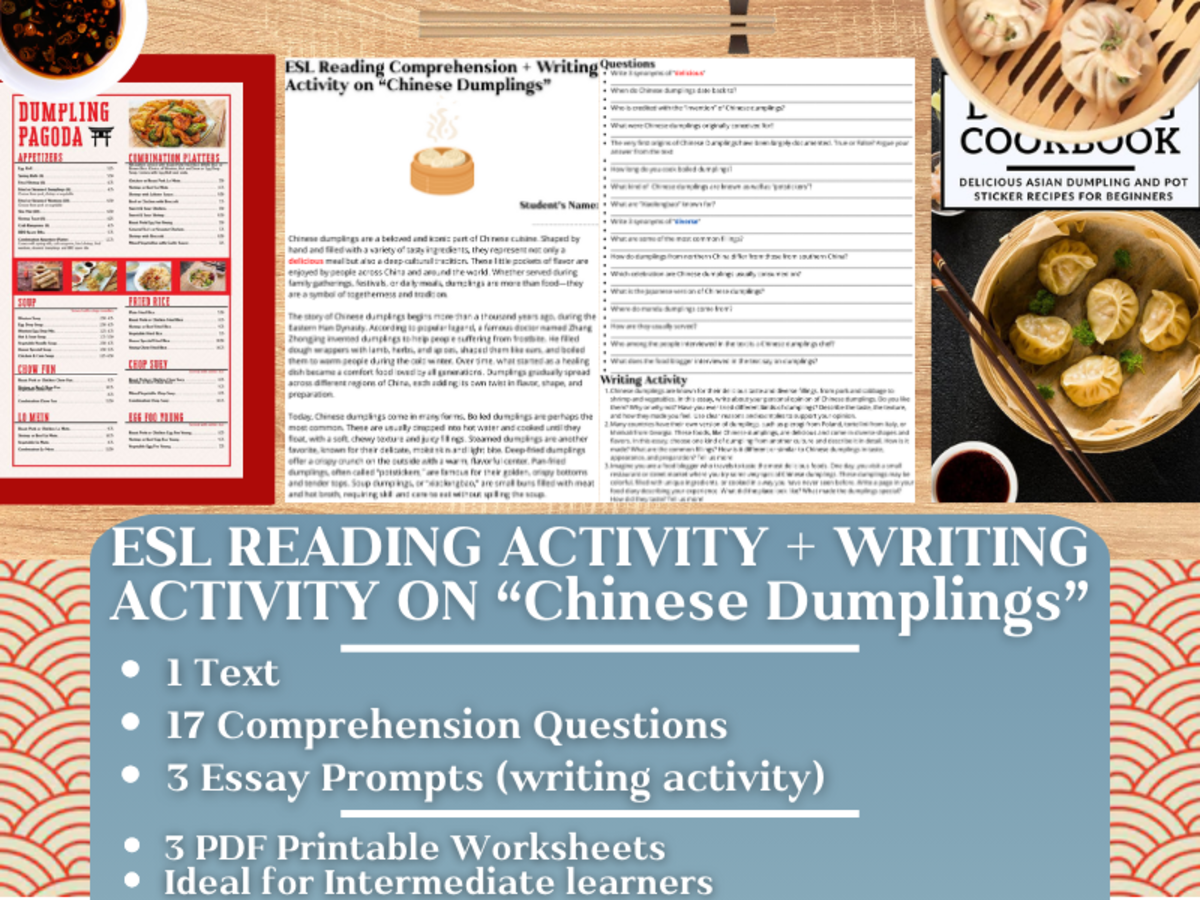 An educational teaching resource from Learning with Alan entitled ESL Reading Comprehension + Writing Activity on "Chinese Dumplings" downloadable at Teach Simple.