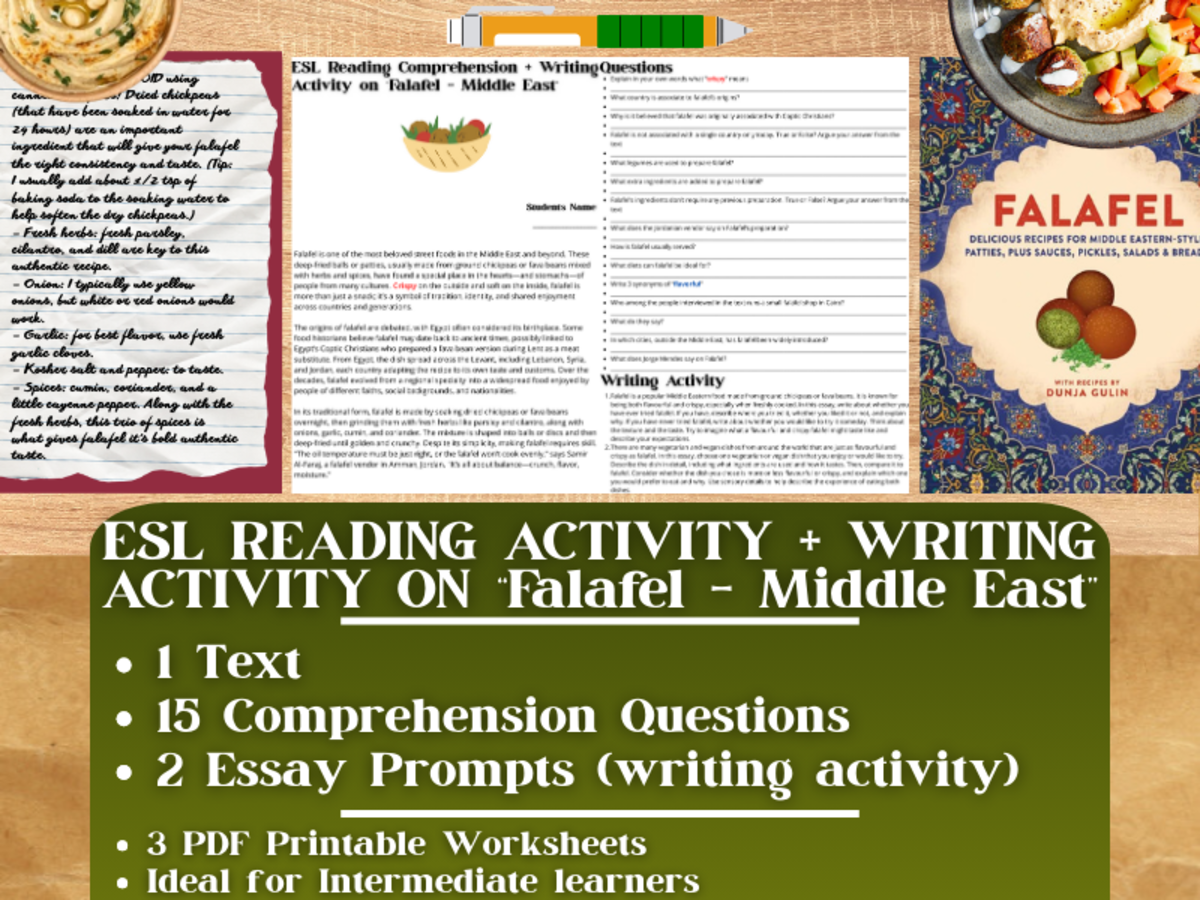 An educational teaching resource from Learning with Alan entitled ESL Reading Comprehension + Writing Activity on Falafel - Middle East downloadable at Teach Simple.
