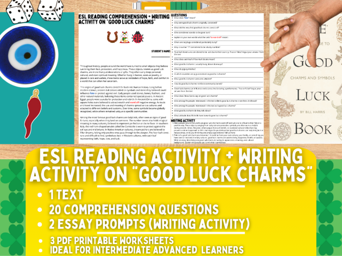 An educational teaching resource from Learning with Alan entitled ESL Reading Comprehension + Writing Activity on "Good Luck Charms" downloadable at Teach Simple.