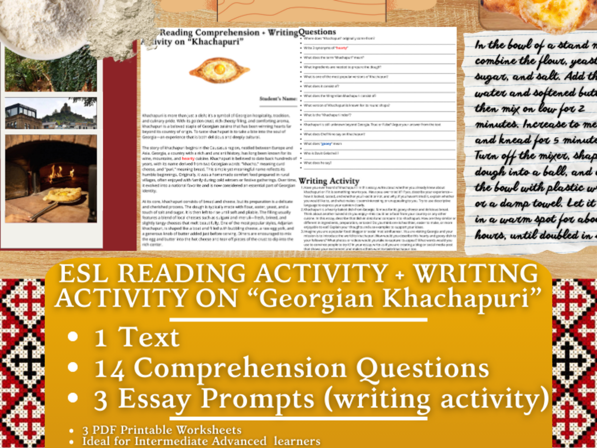 An educational teaching resource from Learning with Alan entitled ESL Reading Comprehension + Writing Activity on Khachapuri - Caucasus downloadable at Teach Simple.