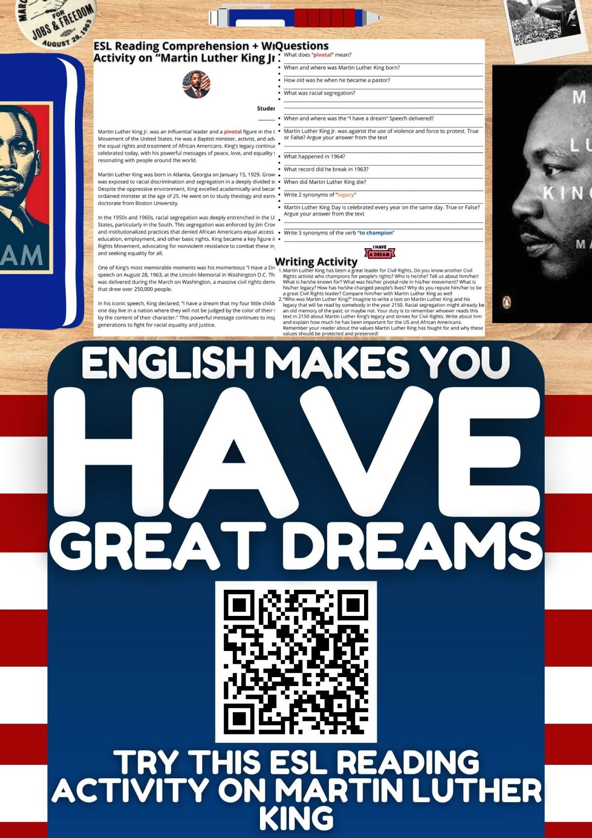 An educational teaching resource from Learning with Alan entitled ESL Reading Comprehension + Writing Activity on Martin Luther King downloadable at Teach Simple.