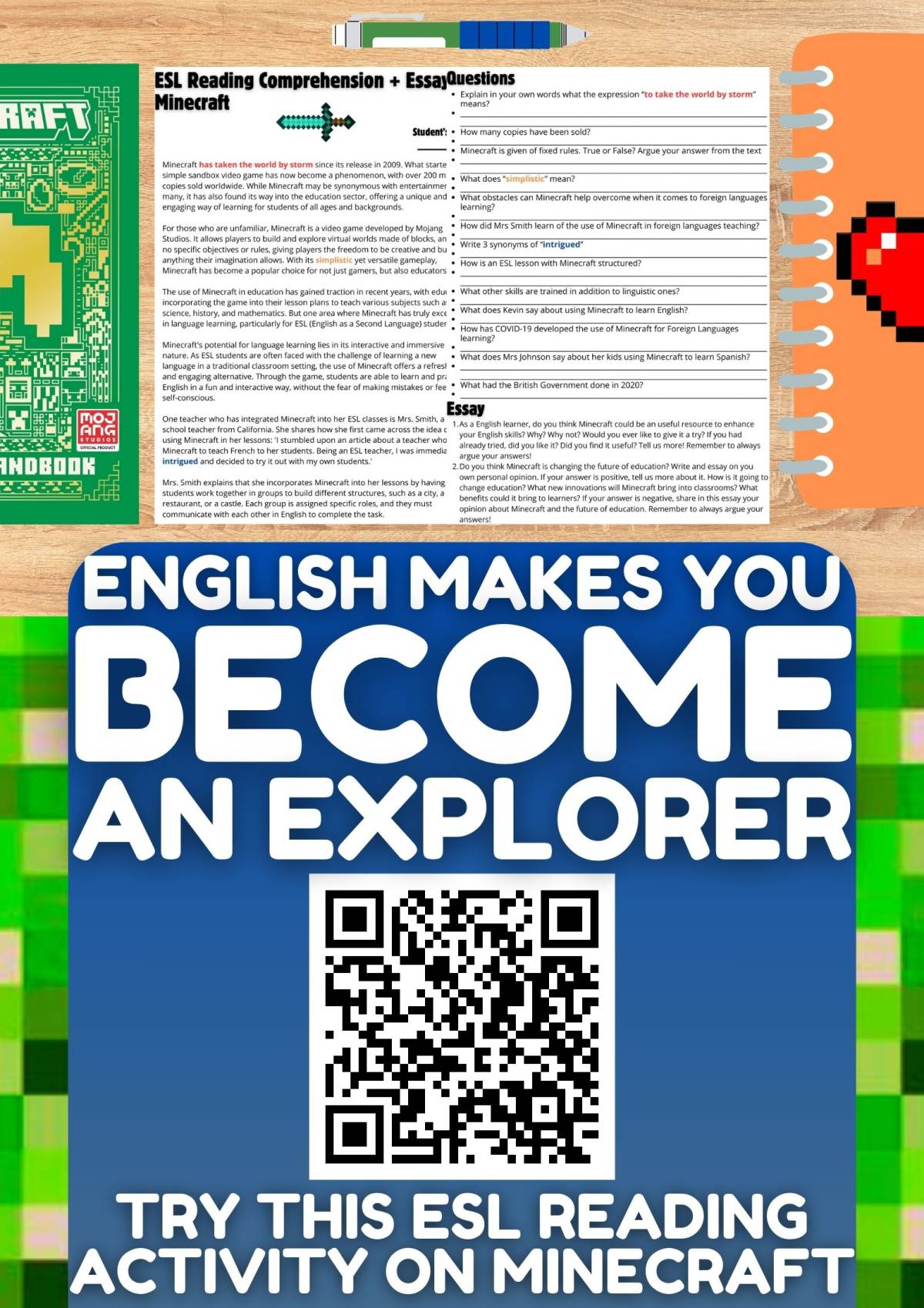 An educational teaching resource from Learning with Alan entitled ESL Reading Comprehension + Writing Activity on Minecraft downloadable at Teach Simple.
