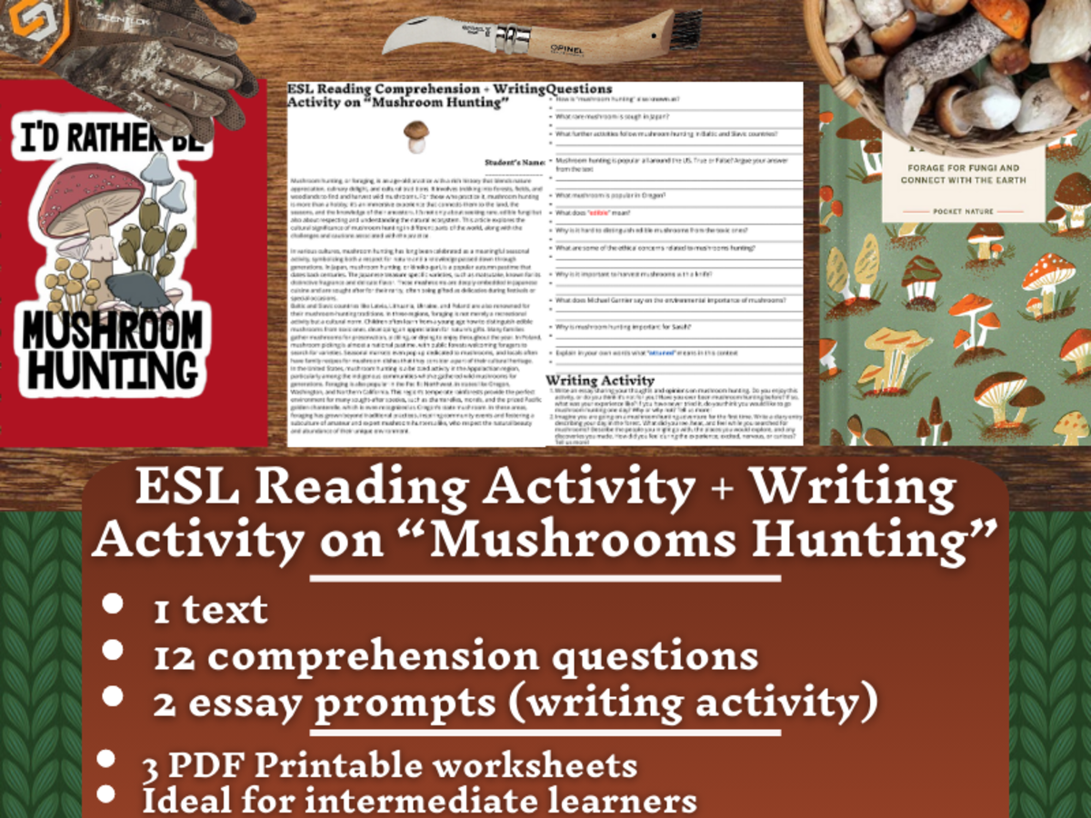 An educational teaching resource from Learning with Alan entitled ESL Reading Comprehension + Writing Activity on Mushroom Hunting downloadable at Teach Simple.