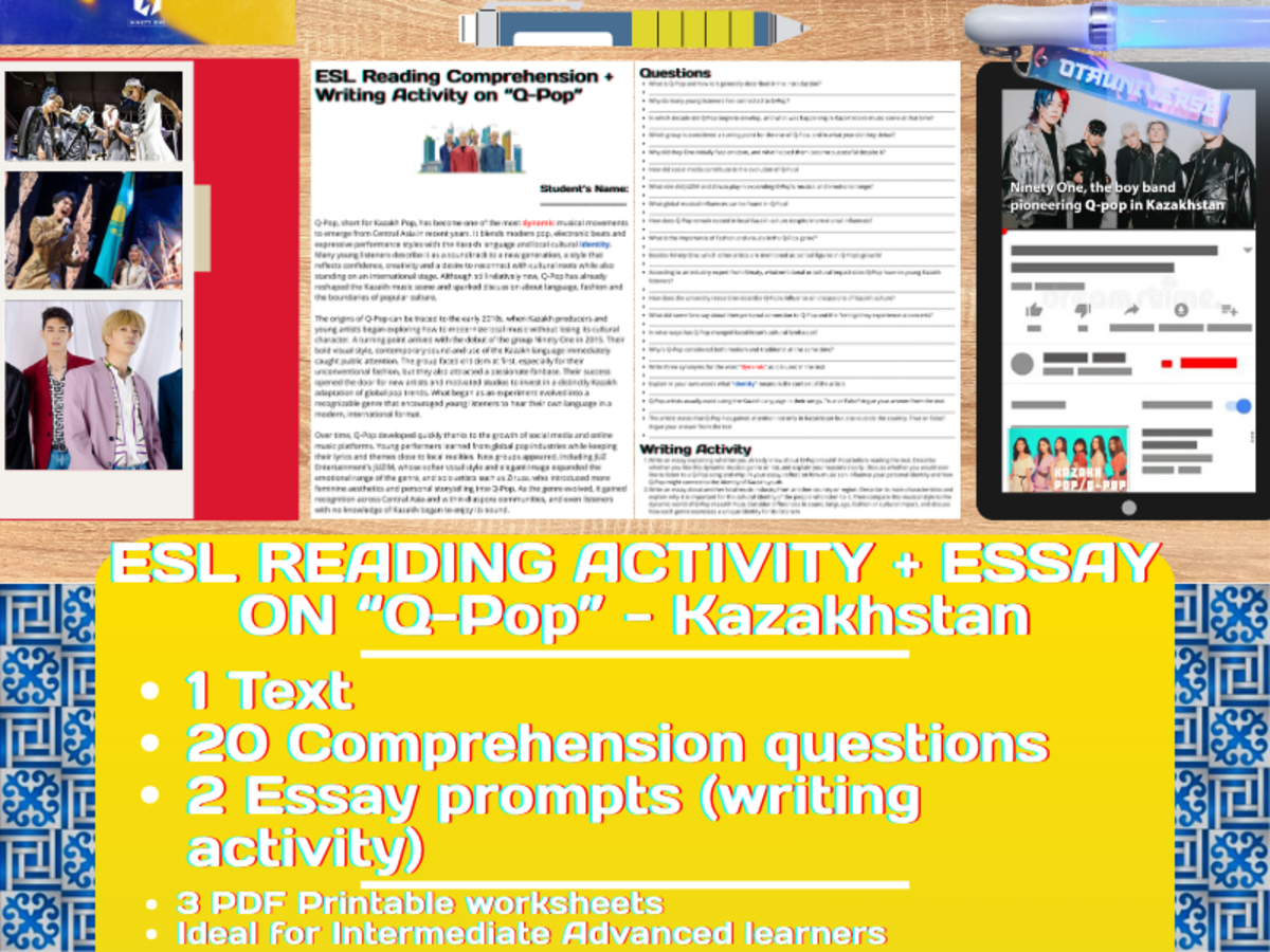 An educational teaching resource from Learning with Alan entitled ESL Reading Comprehension + Writing Activity on Q-Pop - Kazakhstan downloadable at Teach Simple.