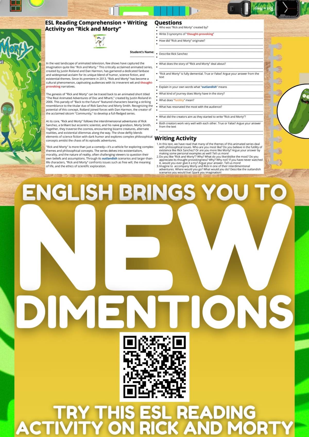 An educational teaching resource from Learning with Alan entitled ESL Reading Comprehension + Writing Activity on Rick and Morty downloadable at Teach Simple.