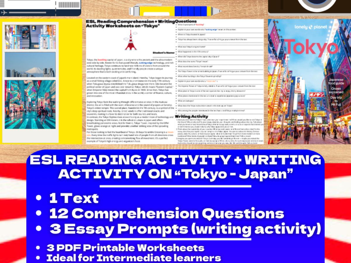 An educational teaching resource from Learning with Alan entitled ESL Reading Comprehension + Writing Activity on "Tokyo" - Japan downloadable at Teach Simple.