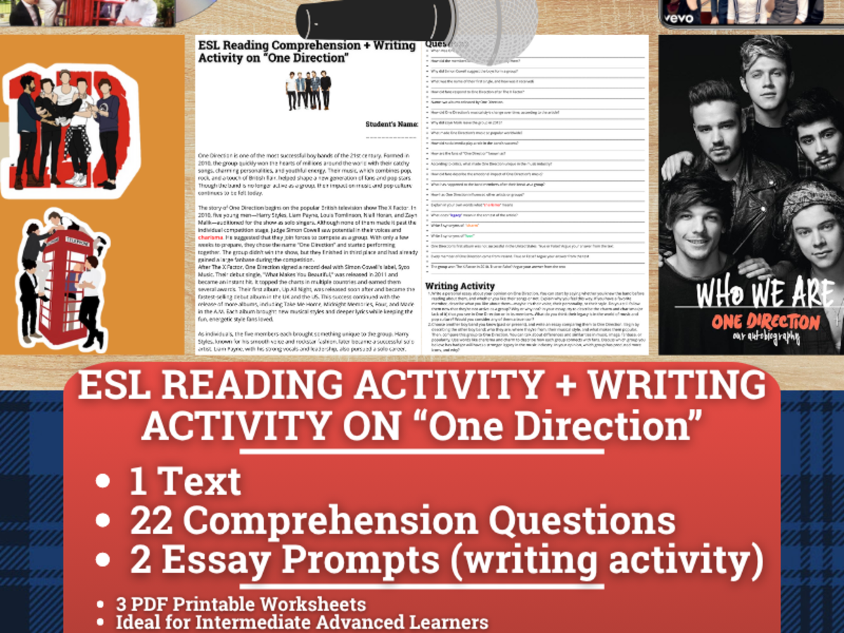 An educational teaching resource from Learning with Alan entitled ESL Reading Comprehension + Writing Activity - One Direction downloadable at Teach Simple.