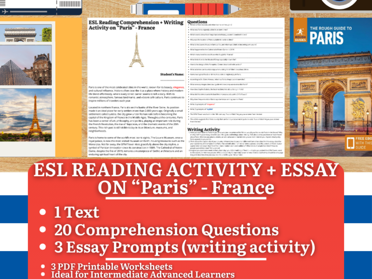 An educational teaching resource from Learning with Alan entitled ESL Reading Comprehension + Writing Activity - Paris - France - Europe downloadable at Teach Simple.