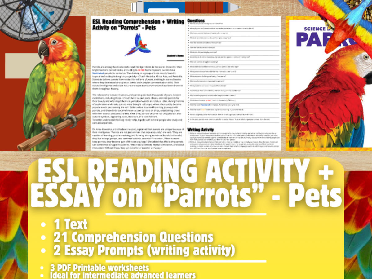 An educational teaching resource from Learning with Alan entitled ESL Reading Comprehension + Writing Activity - Parrots - Pets - Animal downloadable at Teach Simple.