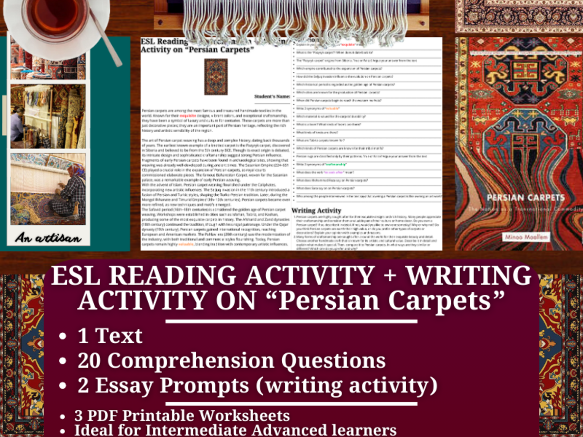 An educational teaching resource from Learning with Alan entitled ESL Reading Comprehension + Writing Activity - Persian Carpets downloadable at Teach Simple.