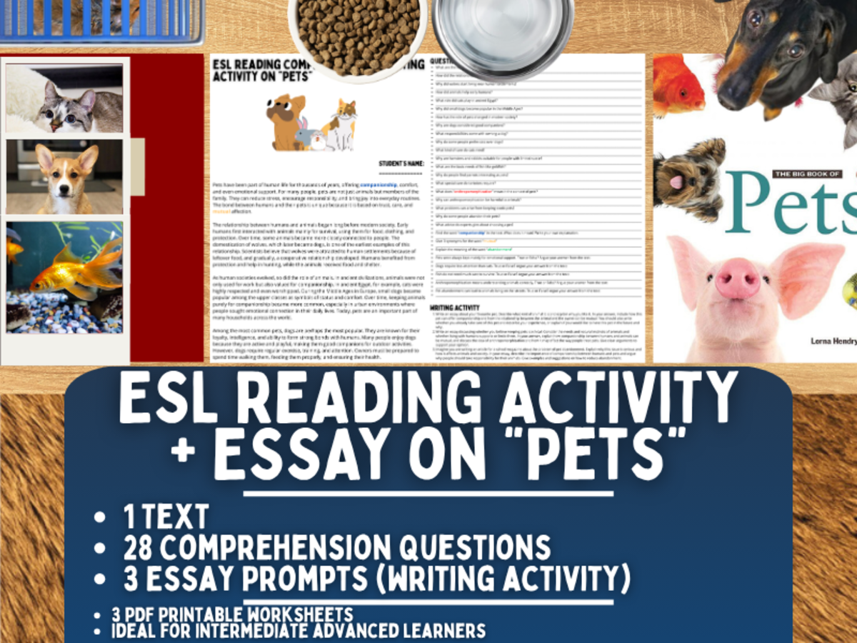 An educational teaching resource from Learning with Alan entitled ESL Reading Comprehension + Writing Activity - Pets - Animals downloadable at Teach Simple.