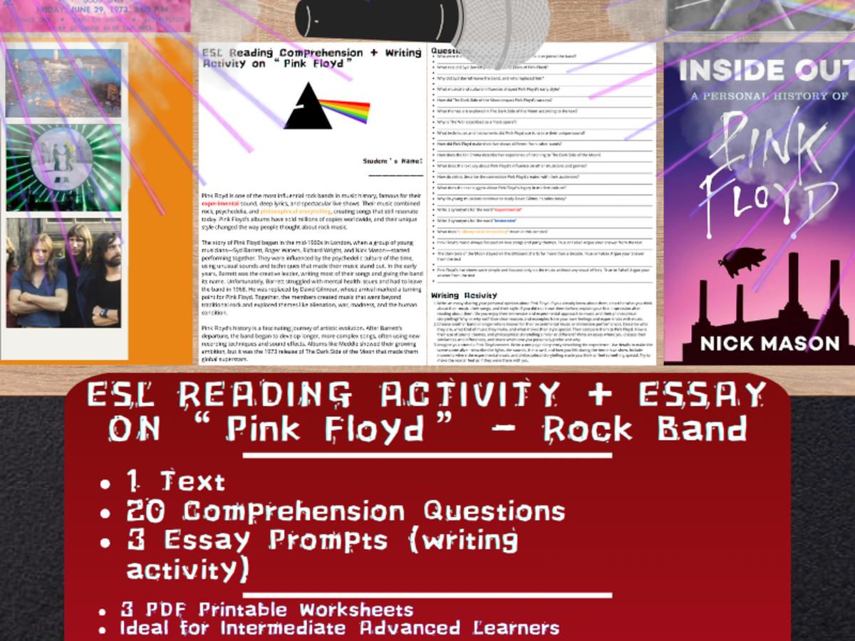 An educational teaching resource from Learning with Alan entitled ESL Reading Comprehension + Writing Activity - Pink Floyd - Rock Music downloadable at Teach Simple.