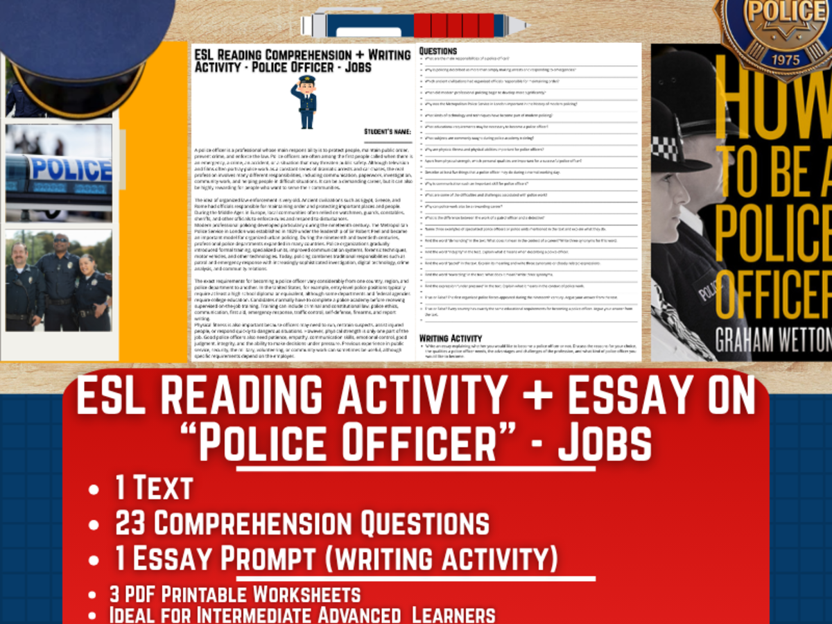 An educational teaching resource from Learning with Alan entitled ESL Reading Comprehension + Writing Activity - Police Officer downloadable at Teach Simple.