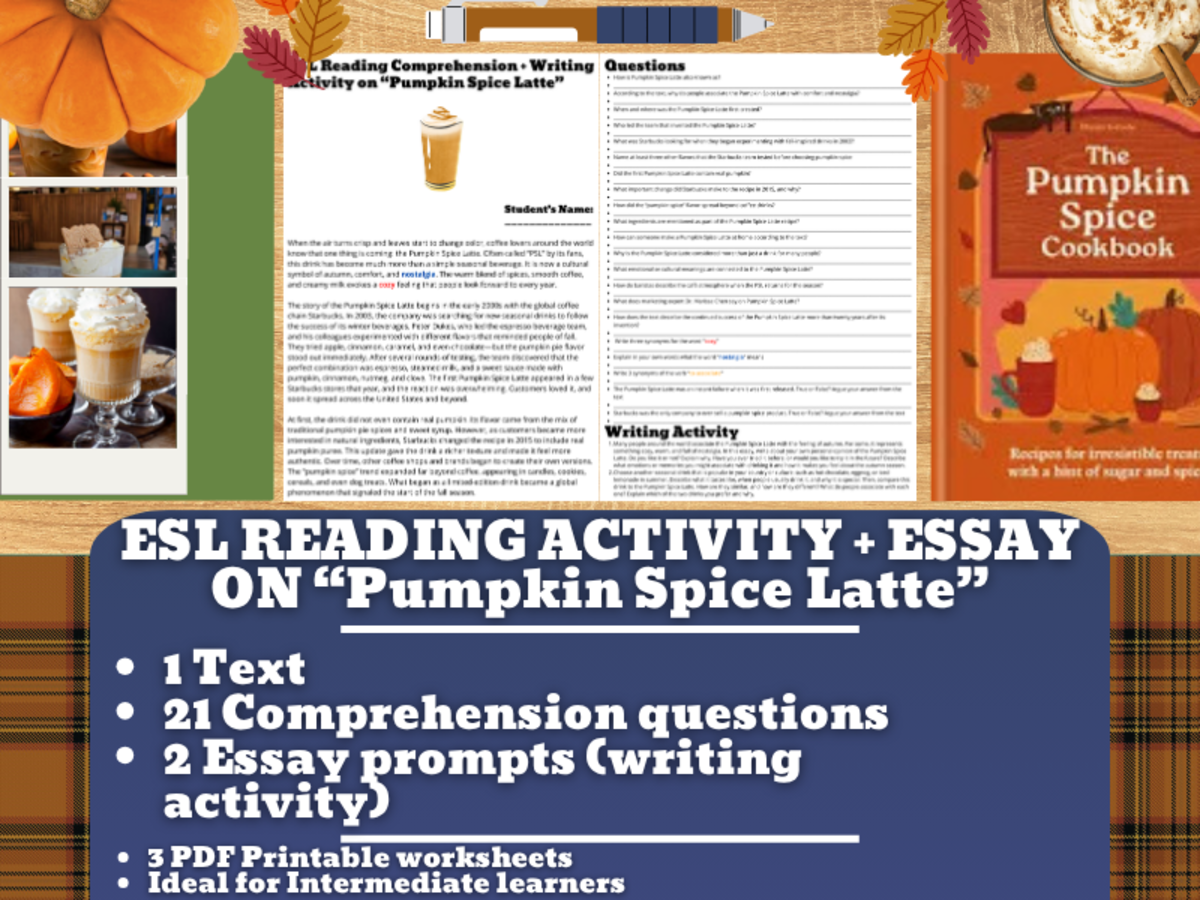An educational teaching resource from Learning with Alan entitled ESL Reading Comprehension + Writing Activity - Pumpkin Spice Latte downloadable at Teach Simple.