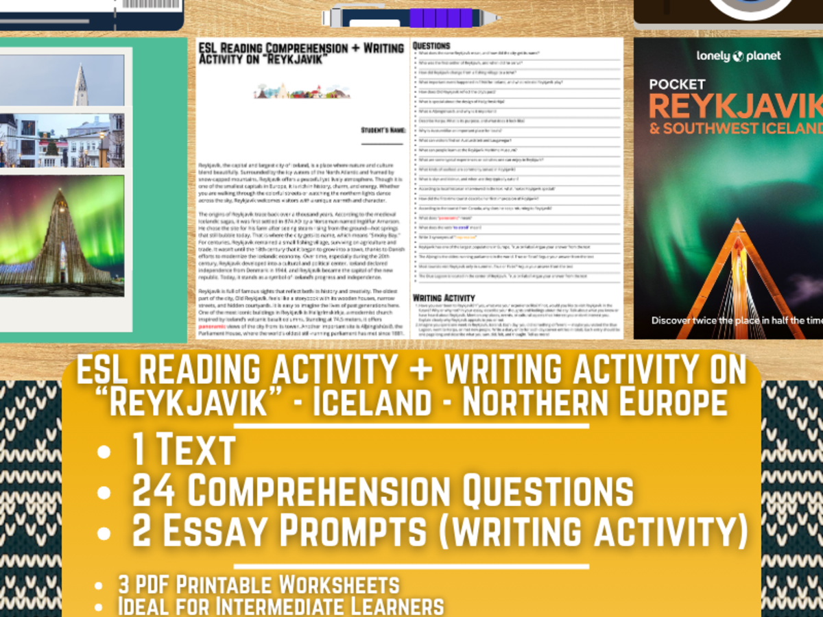 An educational teaching resource from Learning with Alan entitled ESL Reading Comprehension + Writing Activity - Reykjavík - Iceland downloadable at Teach Simple.