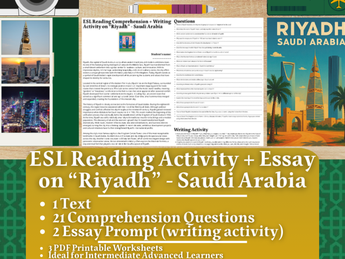 An educational teaching resource from Learning with Alan entitled ESL Reading Comprehension + Writing Activity - Riyadh - Saudi Arabia downloadable at Teach Simple.