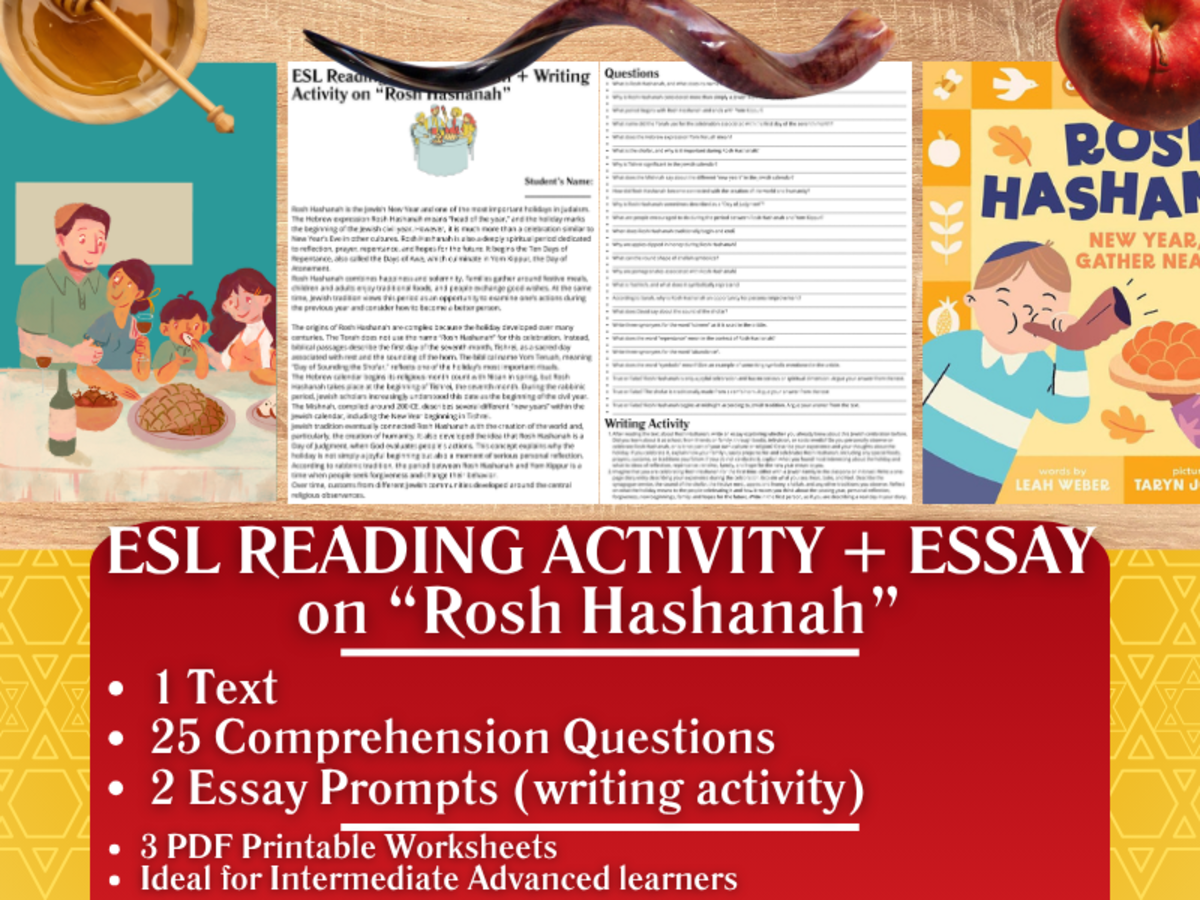 An educational teaching resource from Learning with Alan entitled ESL Reading Comprehension + Writing Activity - Rosh Hashanah - Judaism downloadable at Teach Simple.