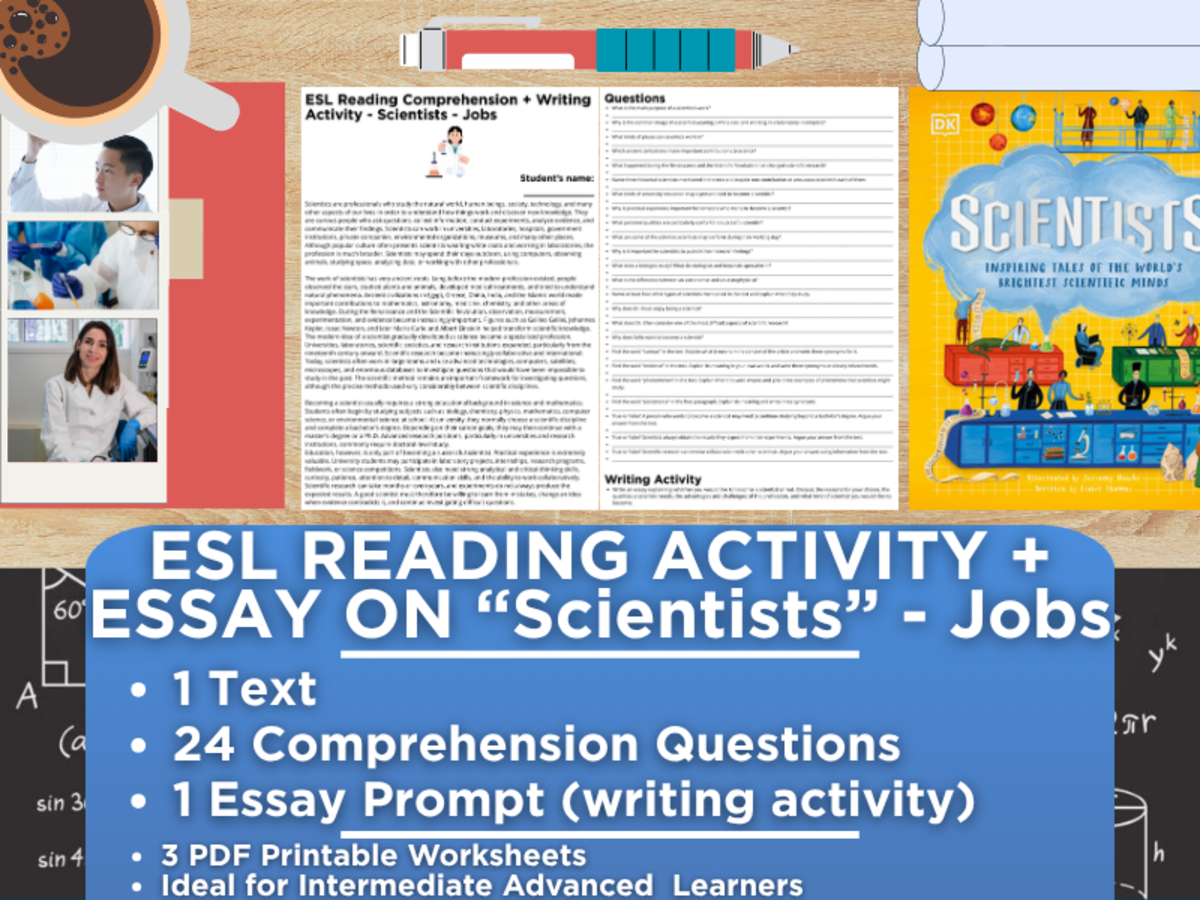 An educational teaching resource from Learning with Alan entitled ESL Reading Comprehension + Writing Activity - Scientists - Jobs downloadable at Teach Simple.