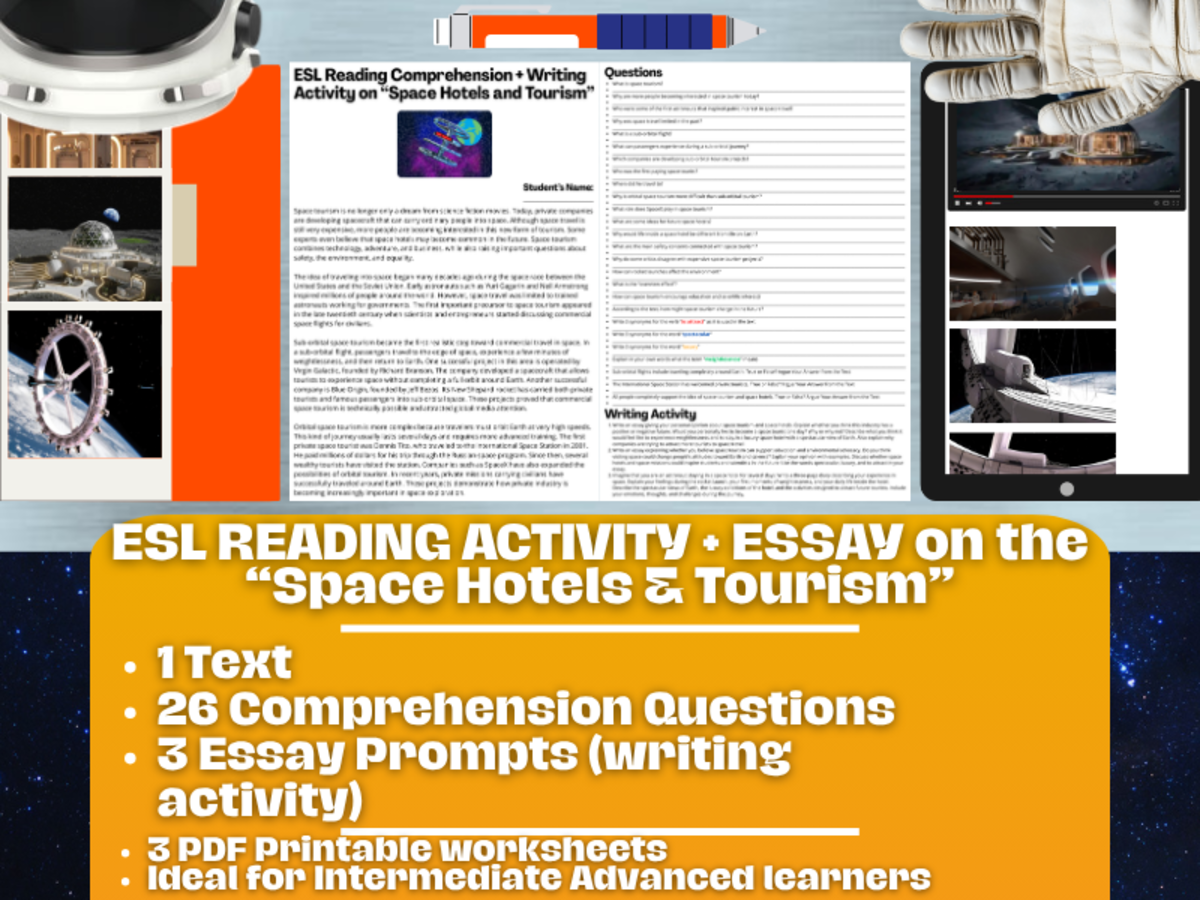 An educational teaching resource from Learning with Alan entitled ESL Reading Comprehension + Writing Activity - Space Tourism downloadable at Teach Simple.
