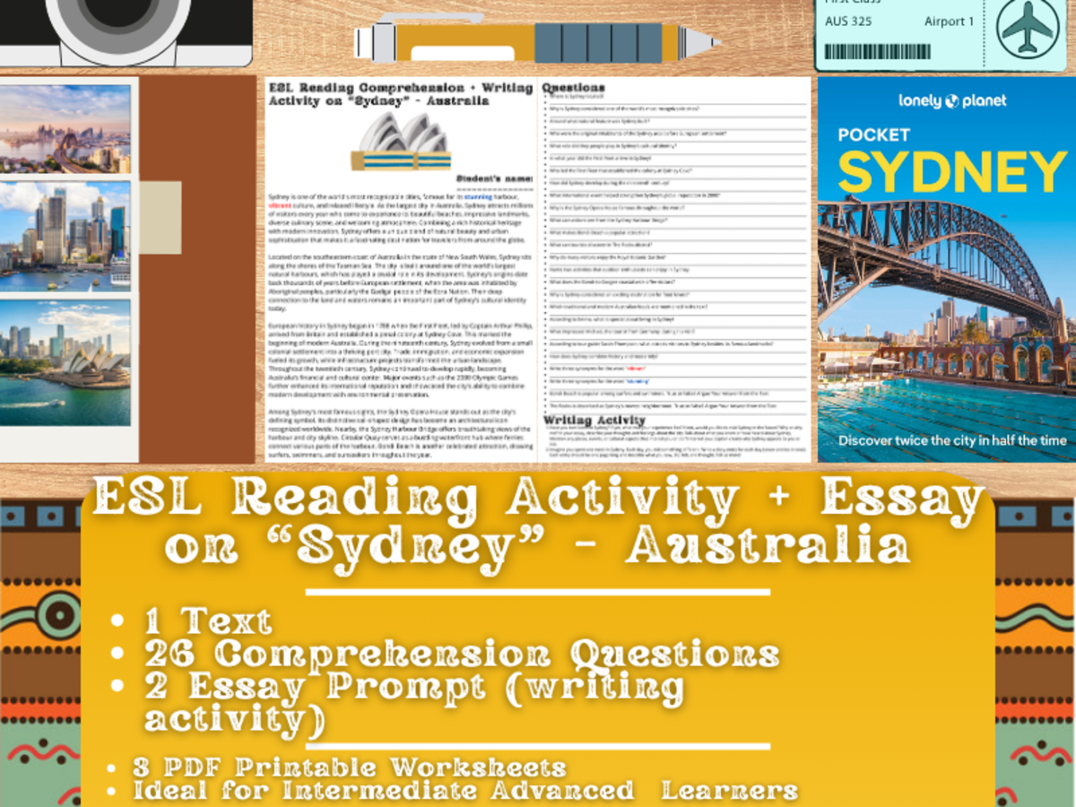 An educational teaching resource from Learning with Alan entitled ESL Reading Comprehension + Writing Activity - Sydney - Australia downloadable at Teach Simple.