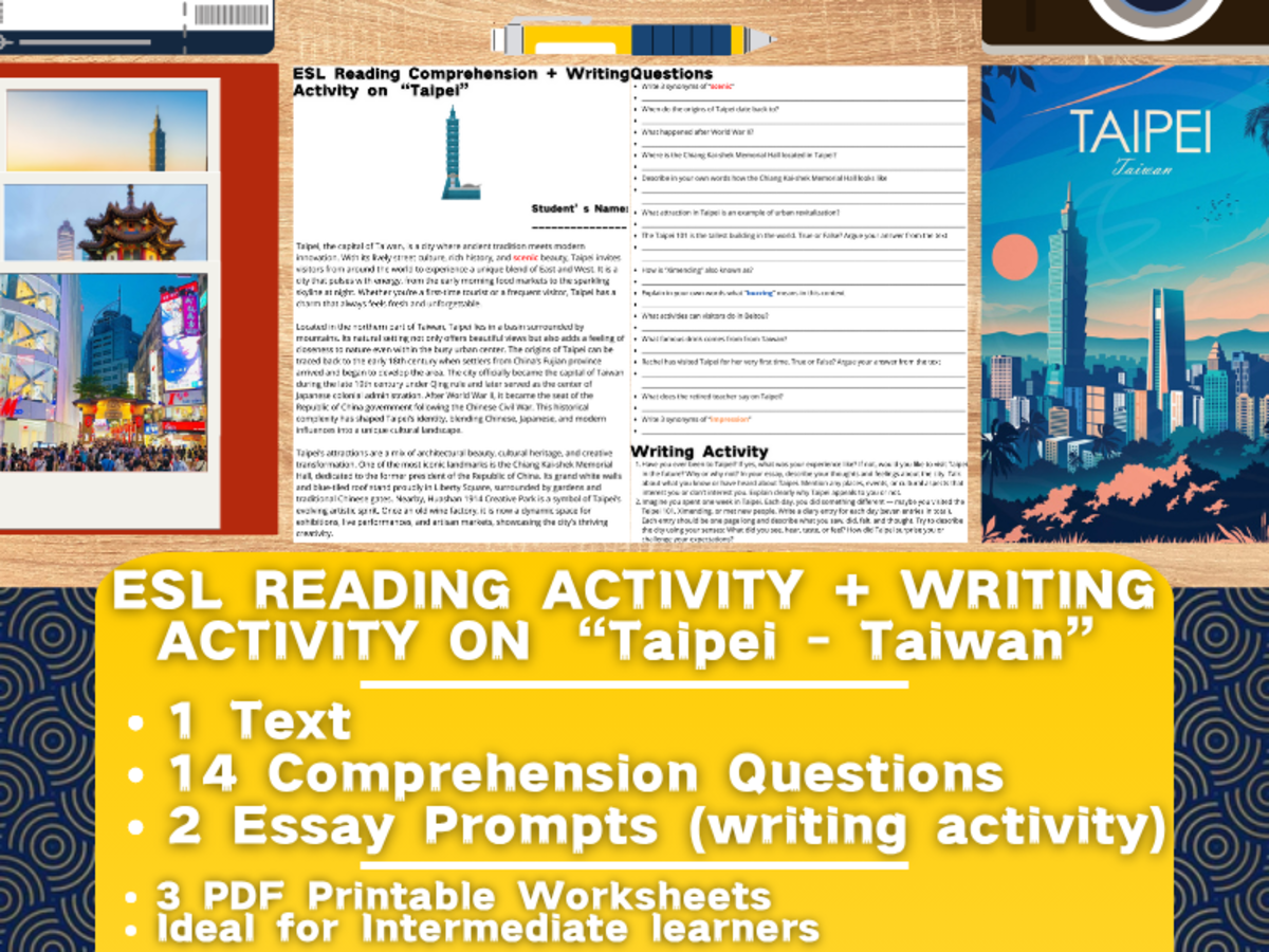An educational teaching resource from Learning with Alan entitled ESL Reading Comprehension + Writing Activity - Taipei - Taiwan - Asia downloadable at Teach Simple.