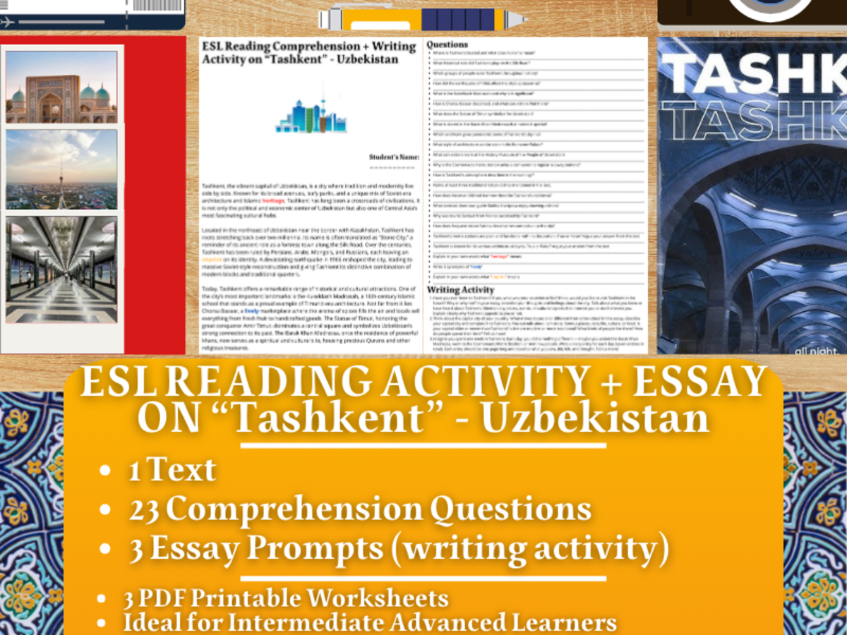 An educational teaching resource from Learning with Alan entitled ESL Reading Comprehension + Writing Activity - Tashkent - Uzbekistan downloadable at Teach Simple.