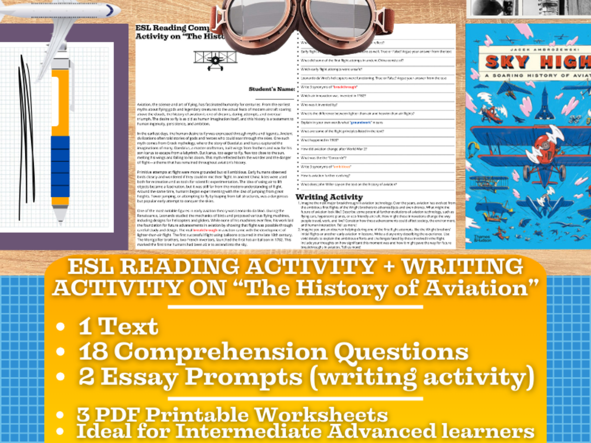 An educational teaching resource from Learning with Alan entitled ESL Reading Comprehension + Writing Activity - The History of Aviation downloadable at Teach Simple.