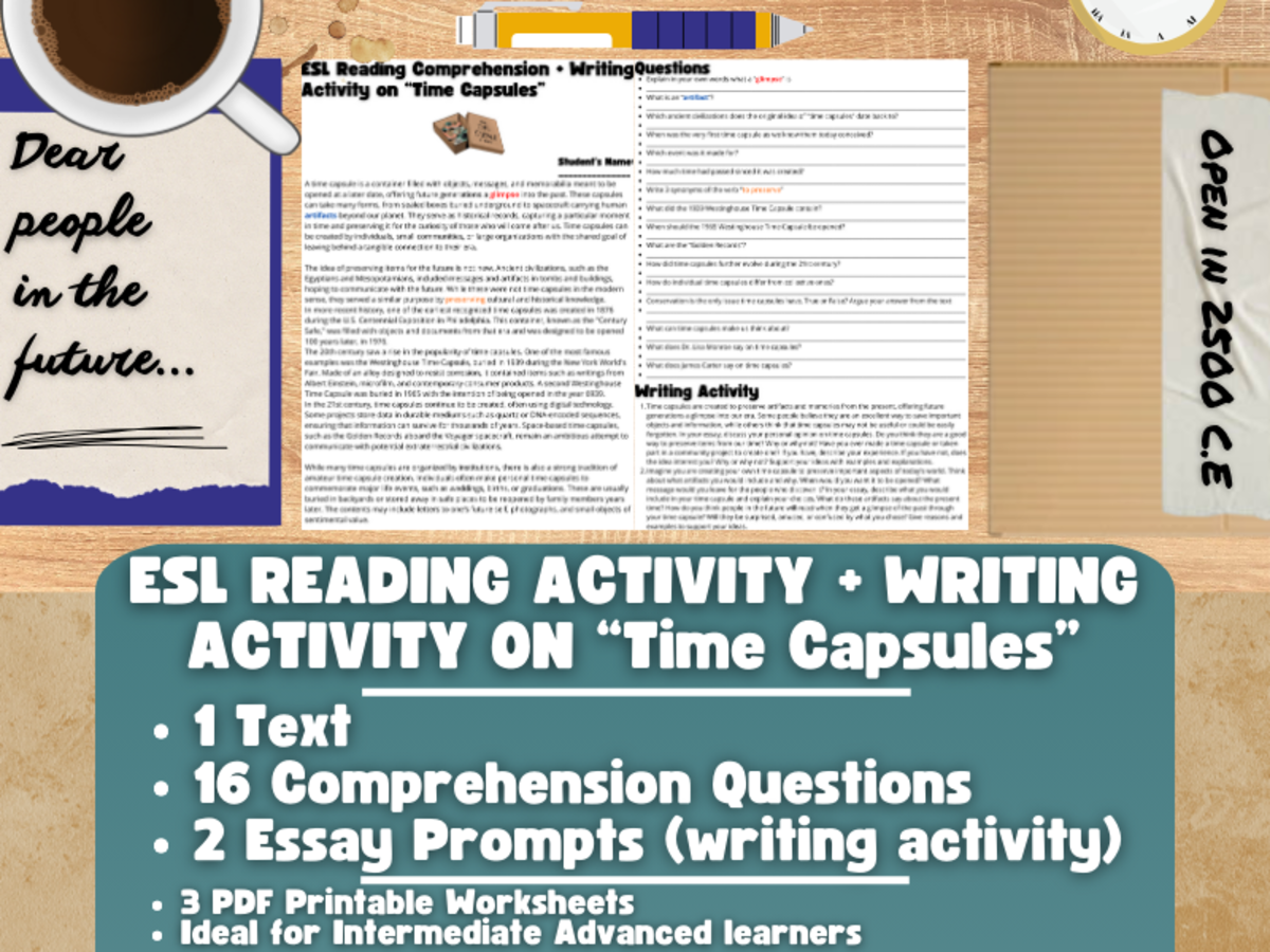 An educational teaching resource from Learning with Alan entitled ESL Reading Comprehension + Writing Activity - Time Capsules downloadable at Teach Simple.