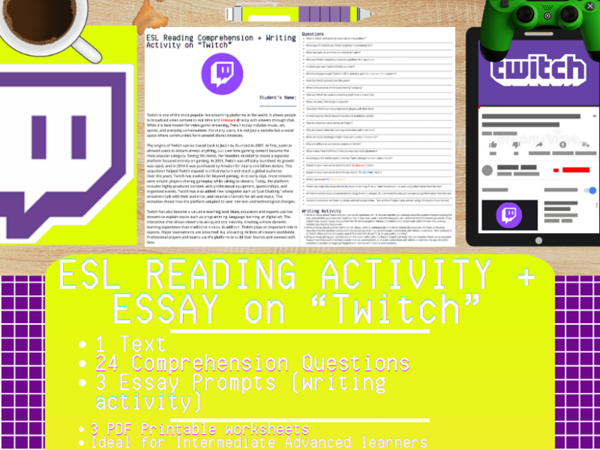 An educational teaching resource from Learning with Alan entitled ESL Reading Comprehension + Writing Activity - Twitch downloadable at Teach Simple.