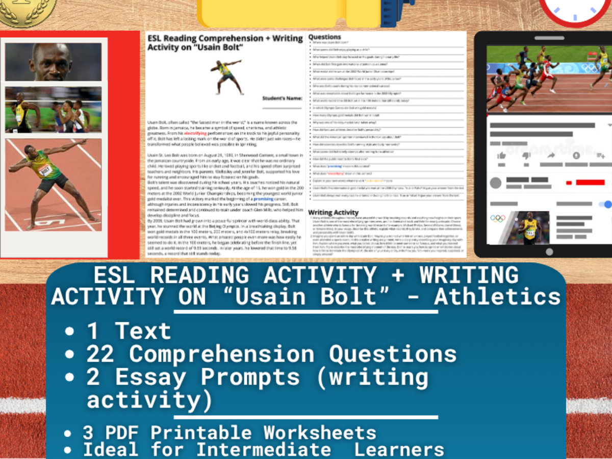 An educational teaching resource from Learning with Alan entitled ESL Reading Comprehension + Writing Activity - Usain Bolt - Athletics downloadable at Teach Simple.