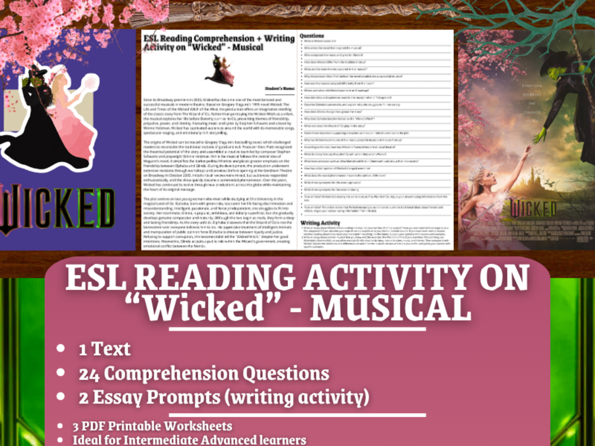 An educational teaching resource from Learning with Alan entitled ESL Reading Comprehension + Writing Activity - Wicked - Musical downloadable at Teach Simple.