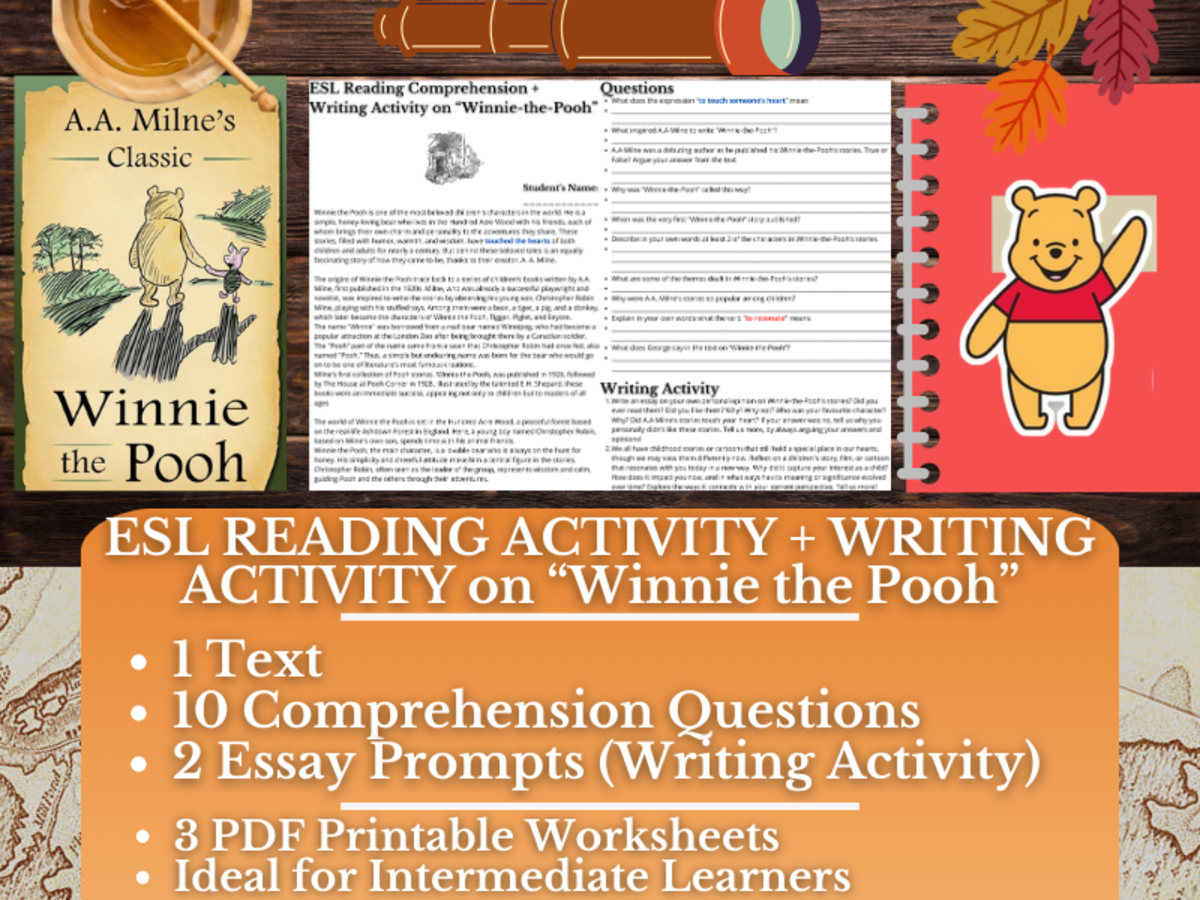 An educational teaching resource from Learning with Alan entitled ESL Reading Comprehension + Writing Activity - Winnie the Pooh downloadable at Teach Simple.
