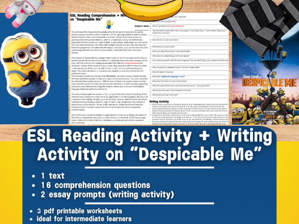 An educational teaching resource from Learning with Alan entitled ESL Reading Comprehension + Writing Activity Worksheet - Despicable Me downloadable at Teach Simple.