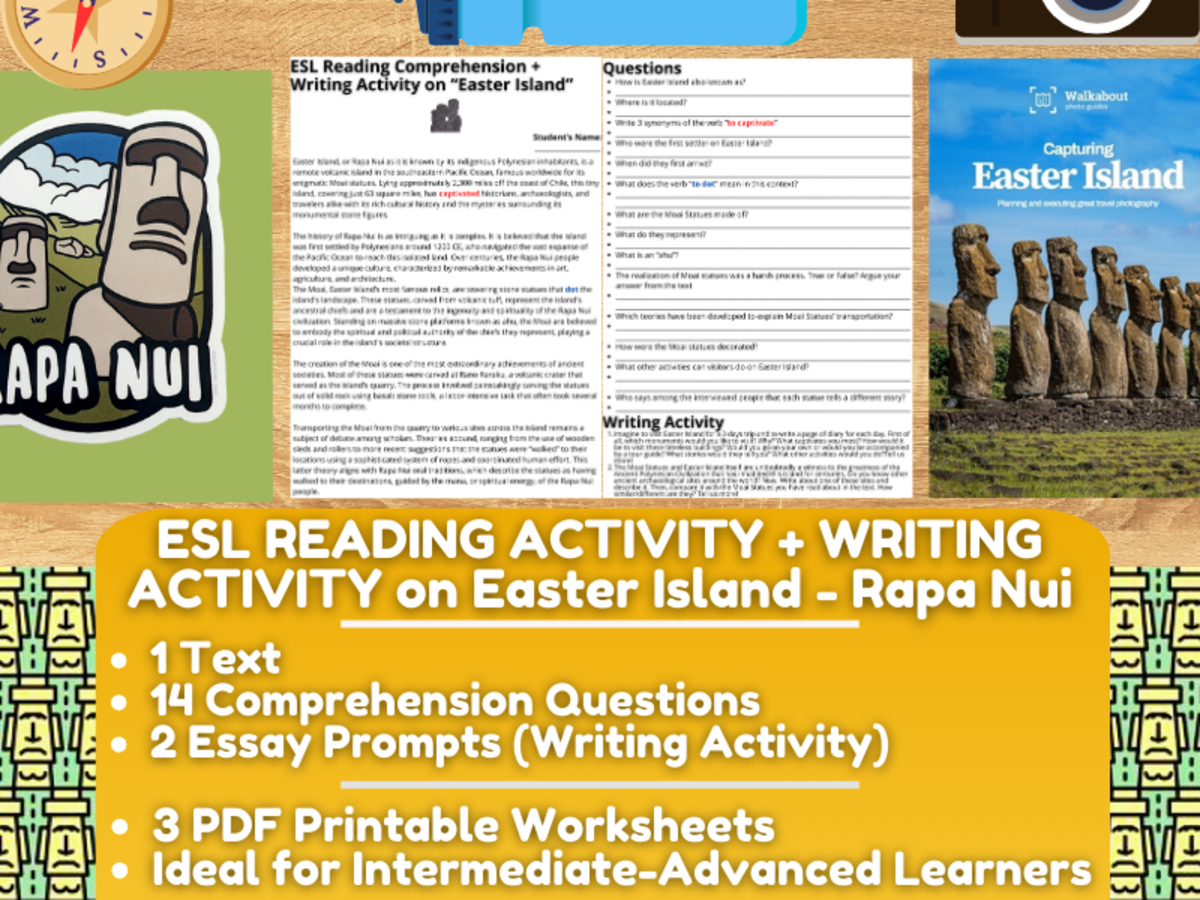 An educational teaching resource from Learning with Alan entitled ESL Reading Comprehension + Writing Activity Worksheet - Easter Island downloadable at Teach Simple.