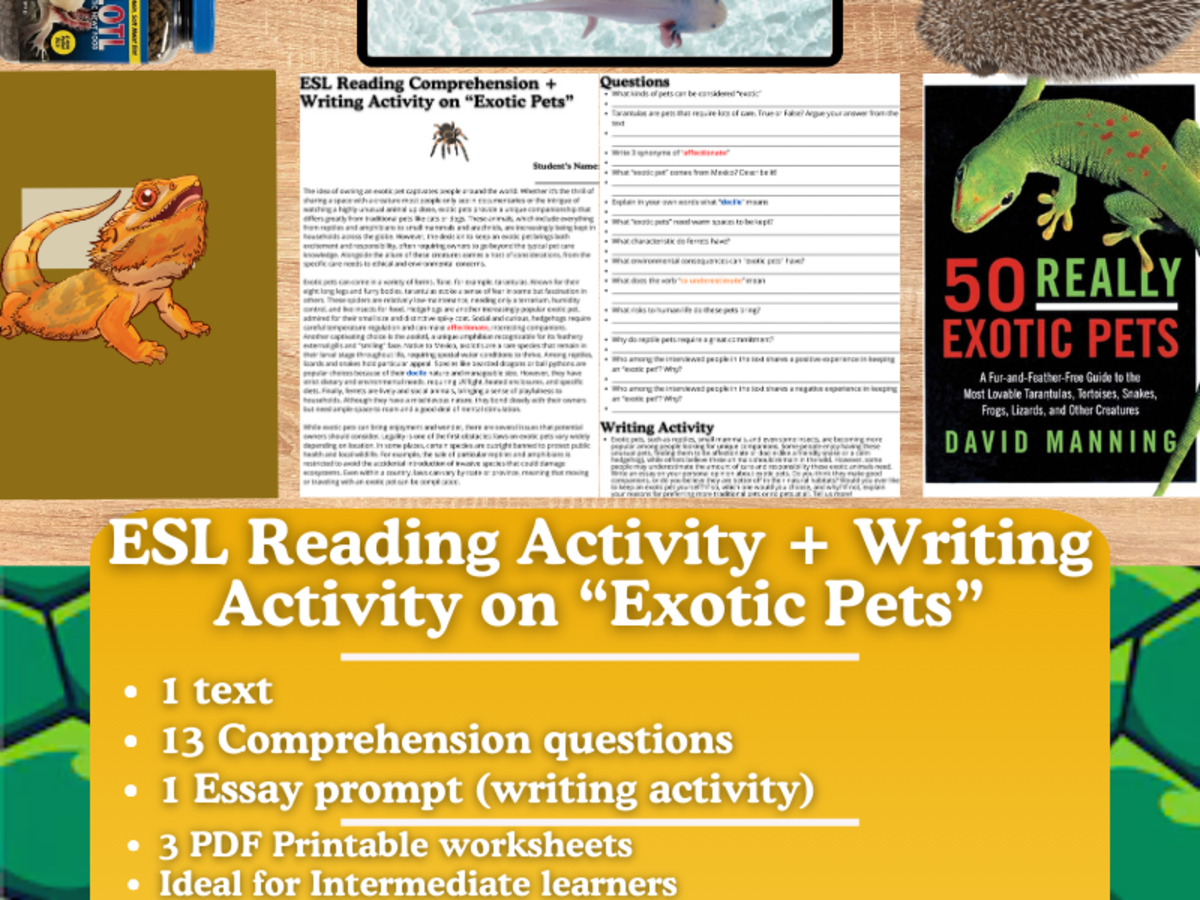 An educational teaching resource from Learning with Alan entitled ESL Reading Comprehension + Writing Activity Worksheet - Exotic Pets downloadable at Teach Simple.