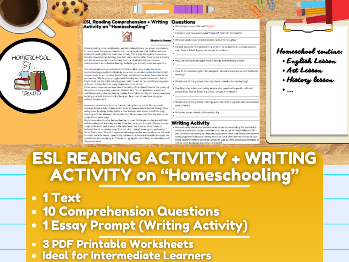 An educational teaching resource from Learning with Alan entitled ESL Reading Comprehension + Writing Activity Worksheet - Homeschooling downloadable at Teach Simple.