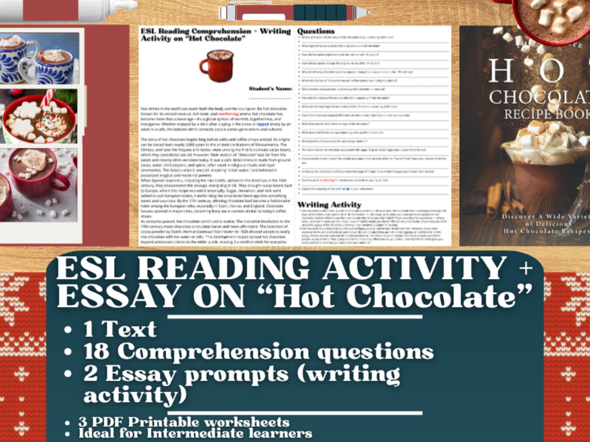 An educational teaching resource from Learning with Alan entitled ESL Reading Comprehension + Writing Activity Worksheet - Hot Chocolate downloadable at Teach Simple.