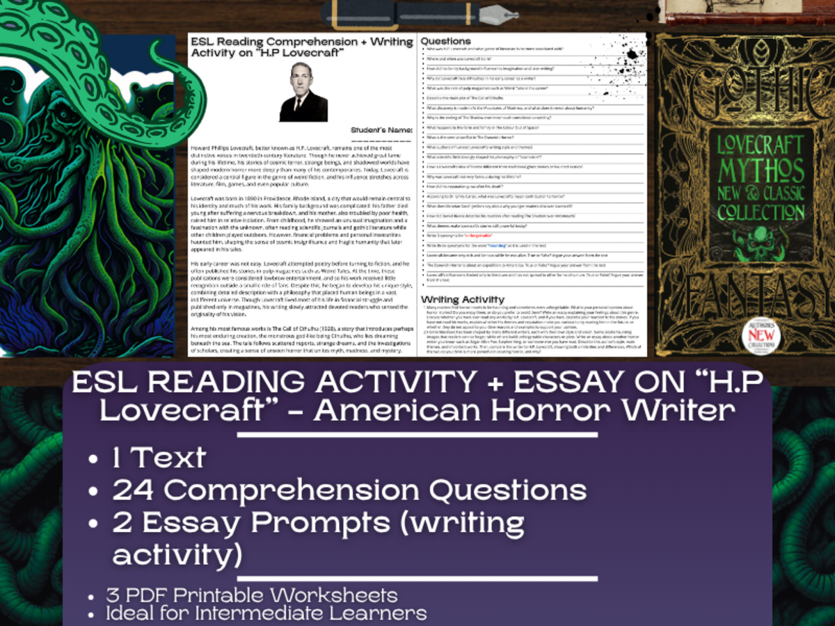 An educational teaching resource from Learning with Alan entitled ESL Reading Comprehension + Writing Activity Worksheet - H.P Lovecraft downloadable at Teach Simple.