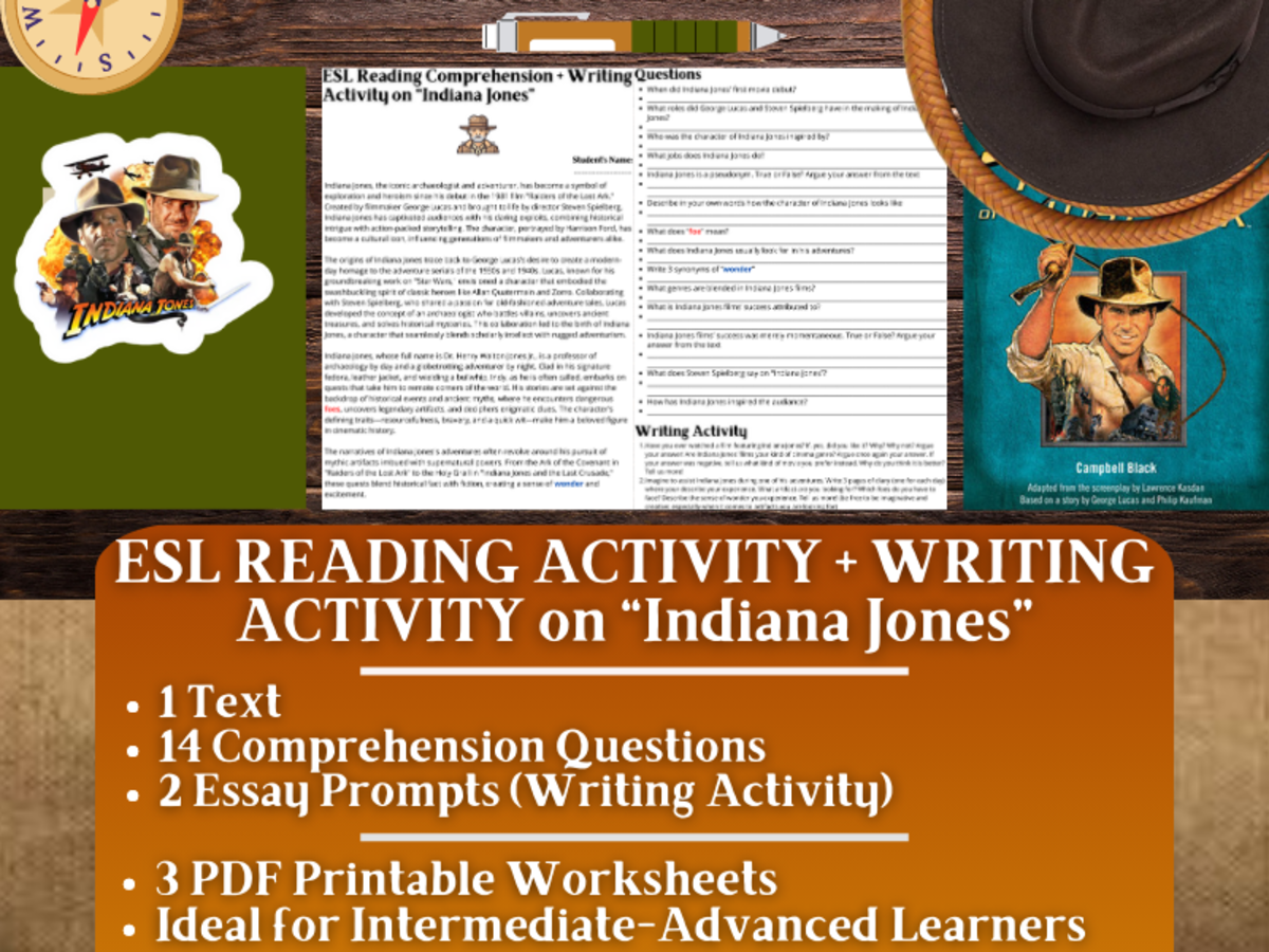 An educational teaching resource from Learning with Alan entitled ESL Reading Comprehension + Writing Activity Worksheet - Indiana Jones downloadable at Teach Simple.