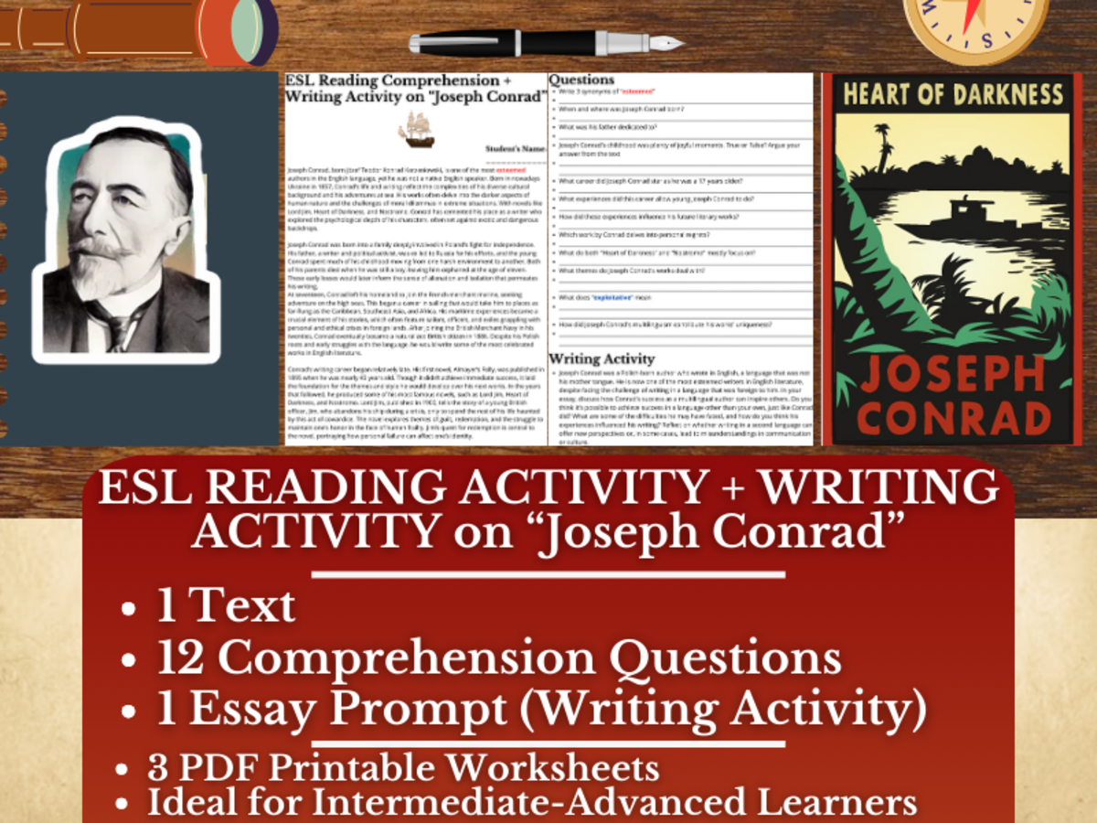 An educational teaching resource from Learning with Alan entitled ESL Reading Comprehension + Writing Activity Worksheet - Joseph Conrad downloadable at Teach Simple.