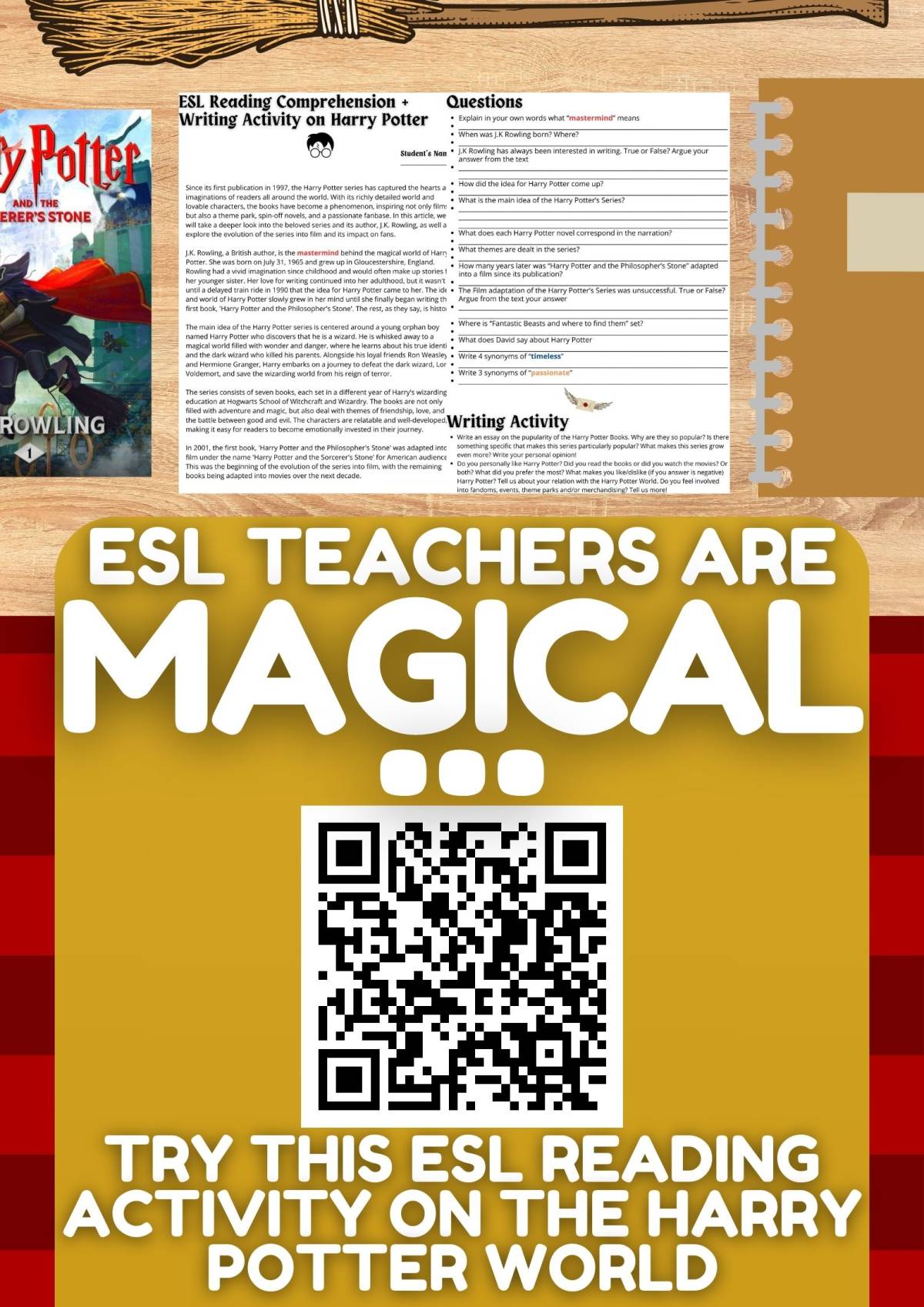 An educational teaching resource from Learning with Alan entitled ESL Reading Comprehension + Writing Activity Worksheet on Harry Potter downloadable at Teach Simple.