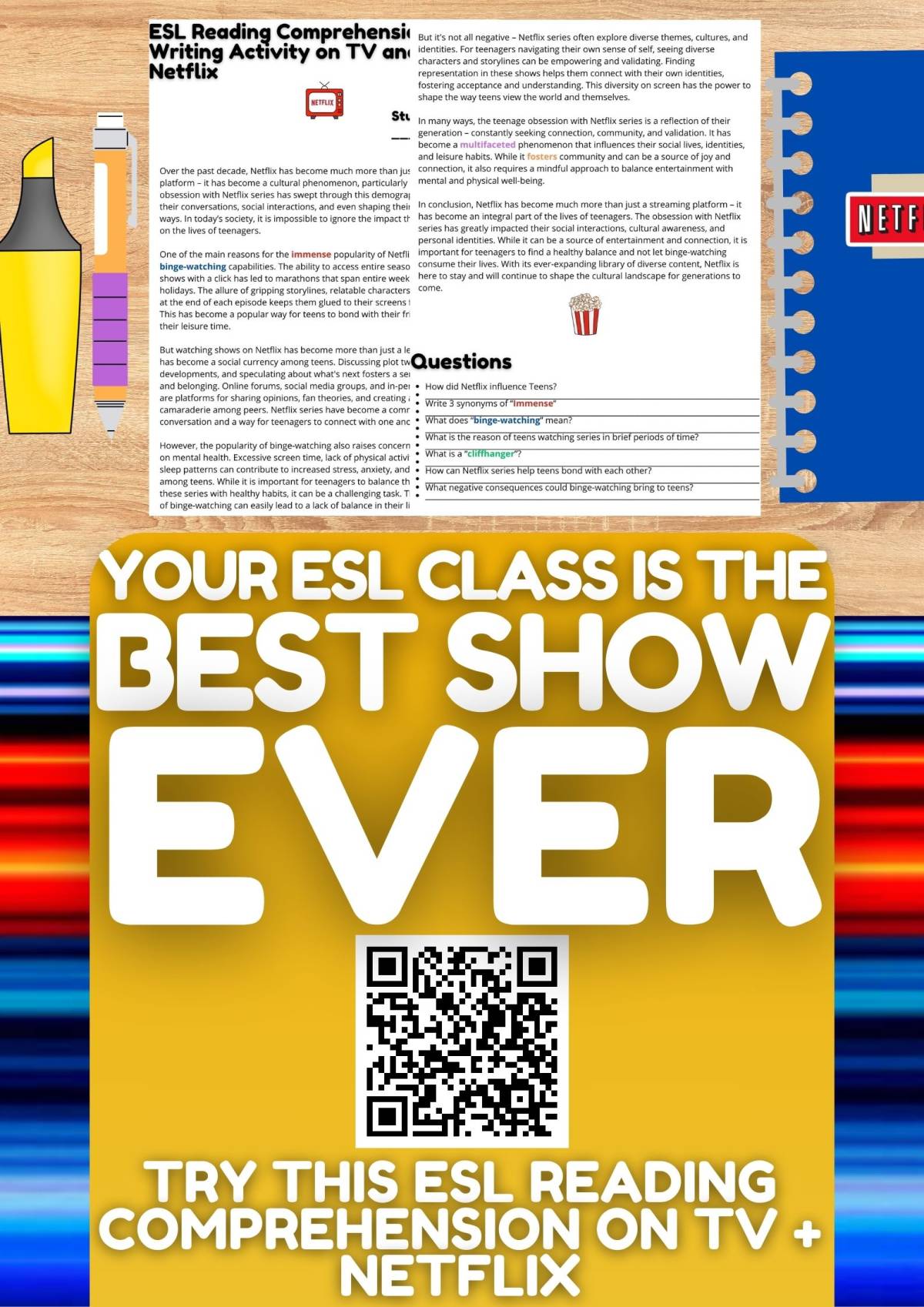 An educational teaching resource from Learning with Alan entitled ESL Reading Comprehension + Writing Activity Worksheet on Netflix downloadable at Teach Simple.