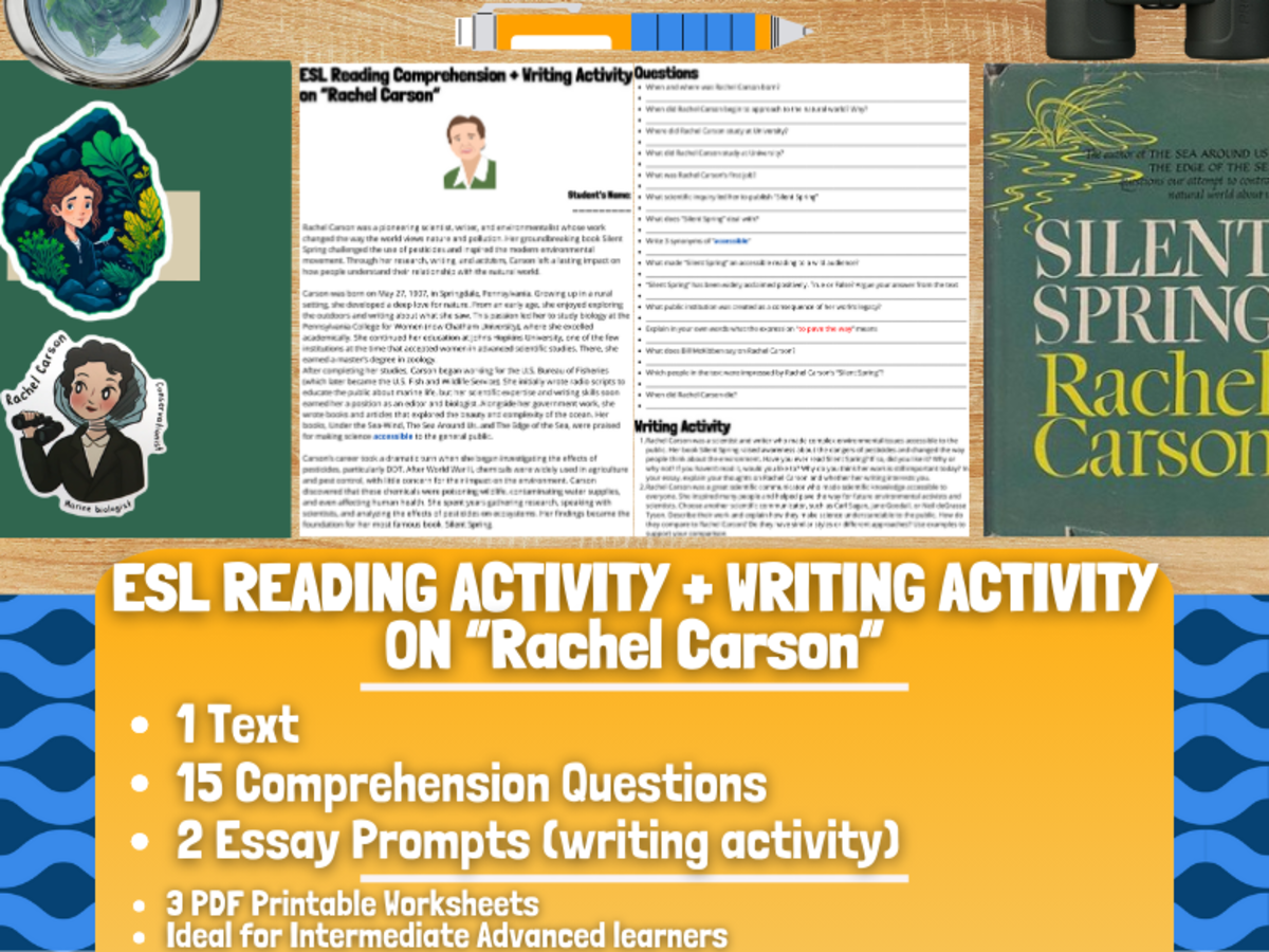 An educational teaching resource from Learning with Alan entitled ESL Reading Comprehension + Writing Activity Worksheet - Rachel Carson downloadable at Teach Simple.