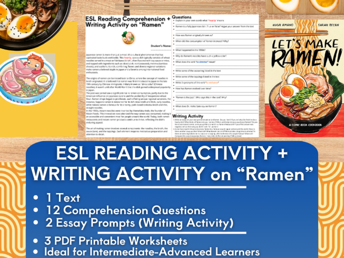 An educational teaching resource from Learning with Alan entitled ESL Reading Comprehension + Writing Activity Worksheet - Ramen - Japan downloadable at Teach Simple.