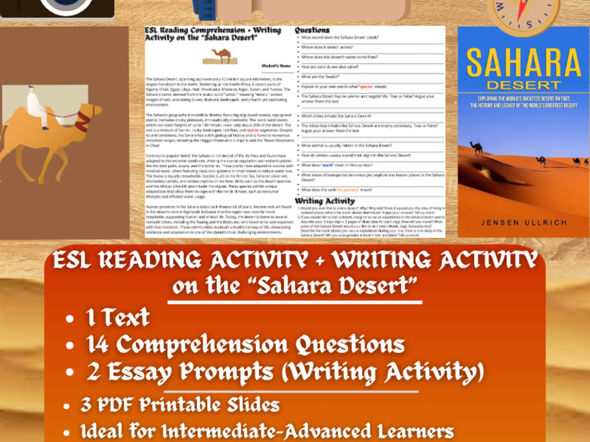 An educational teaching resource from Learning with Alan entitled ESL Reading Comprehension + Writing Activity Worksheet - Sahara Desert downloadable at Teach Simple.