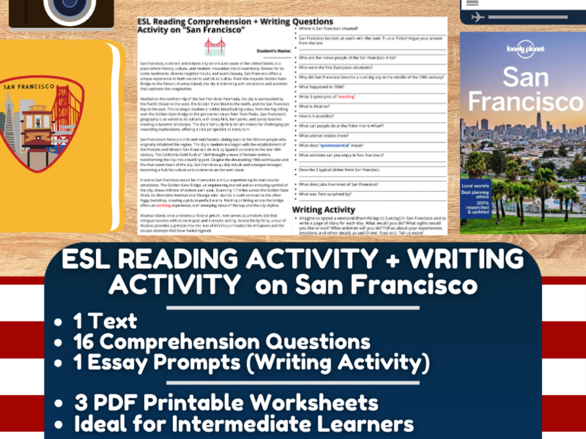 An educational teaching resource from Learning with Alan entitled ESL Reading Comprehension + Writing Activity Worksheet - San Francisco downloadable at Teach Simple.