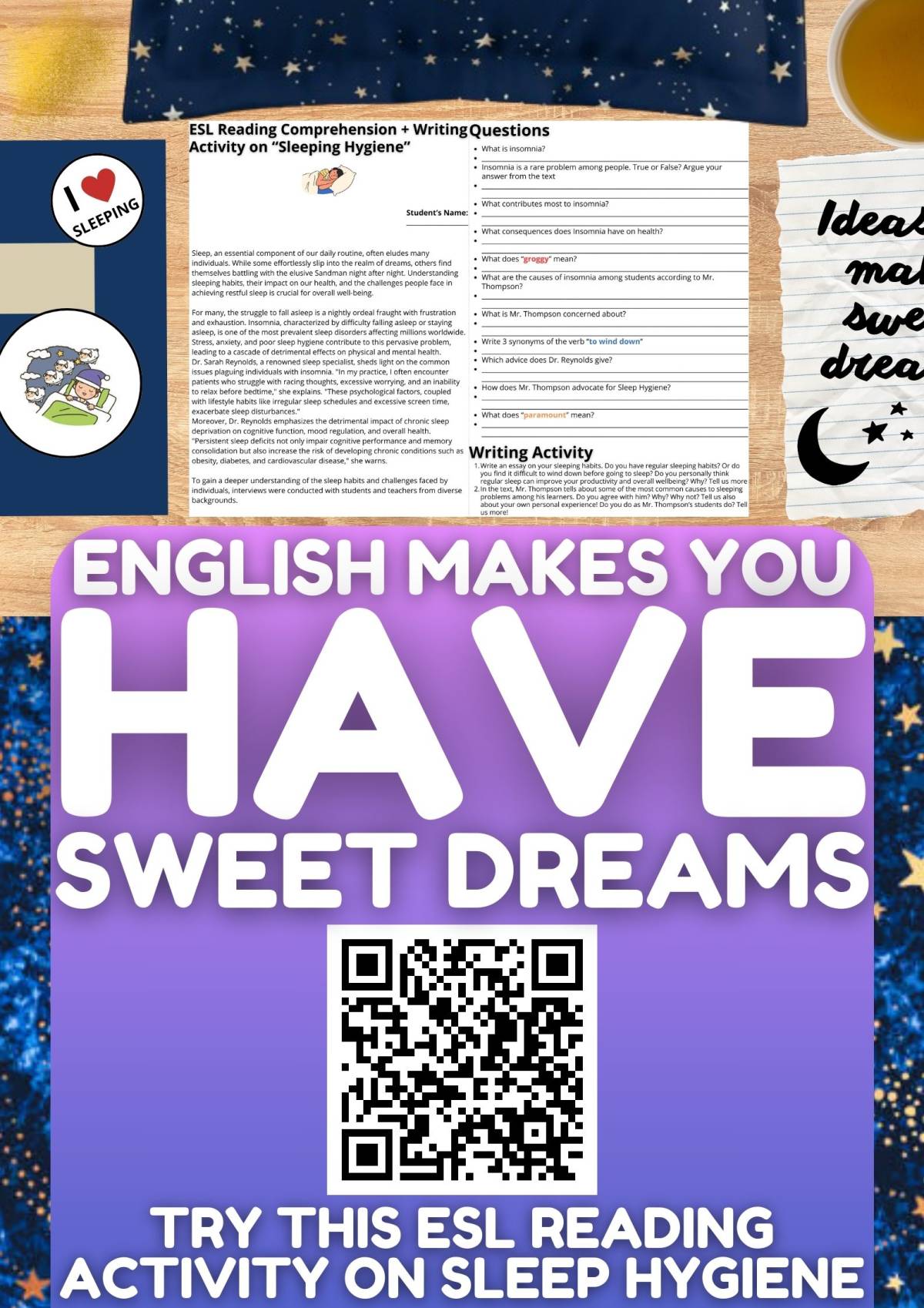 An educational teaching resource from Learning with Alan entitled ESL Reading Comprehension + Writing Activity Worksheet - Sleep Hygiene downloadable at Teach Simple.