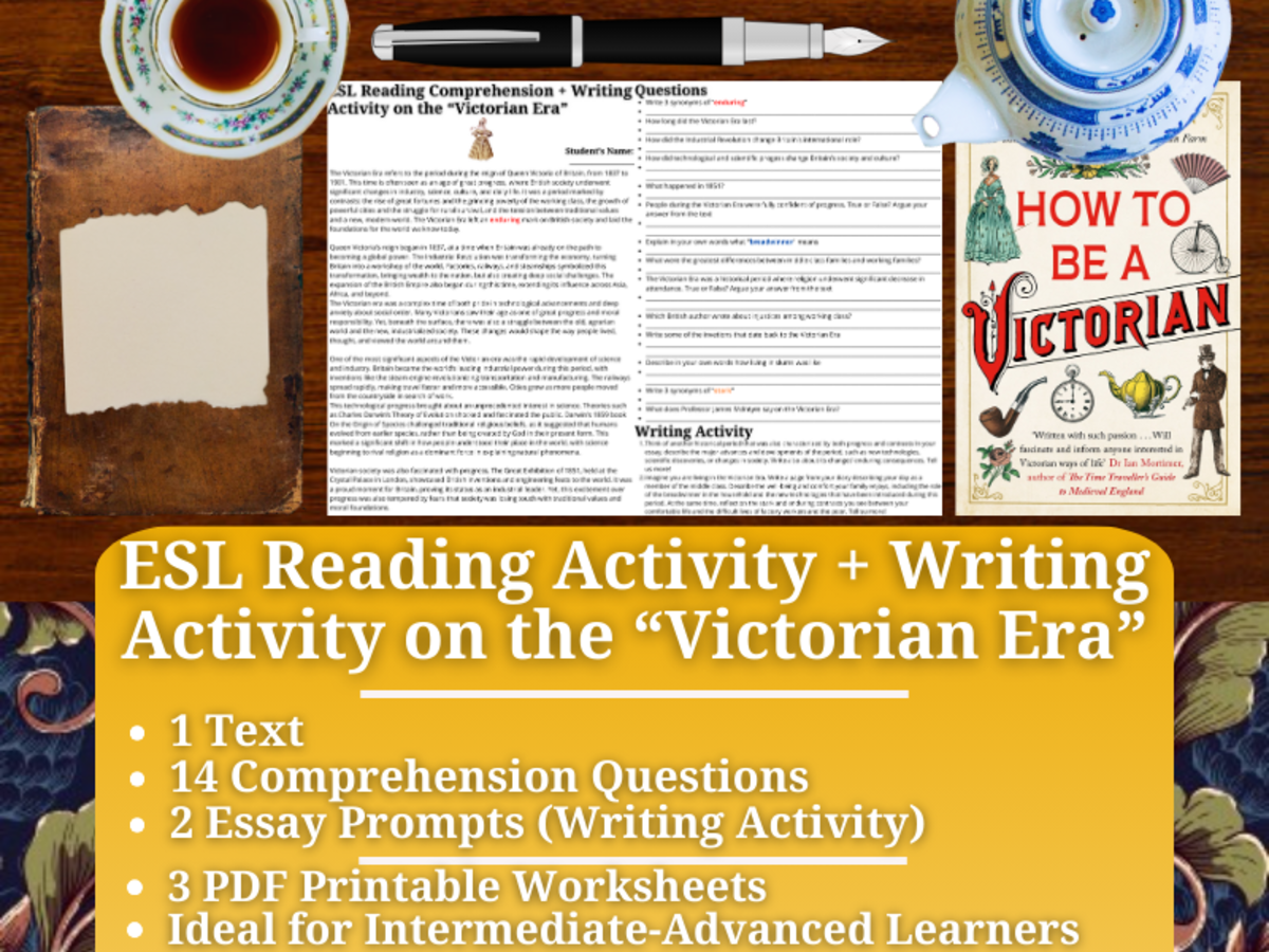 An educational teaching resource from Learning with Alan entitled ESL Reading Comprehension + Writing Activity Worksheet - Victorian Era downloadable at Teach Simple.