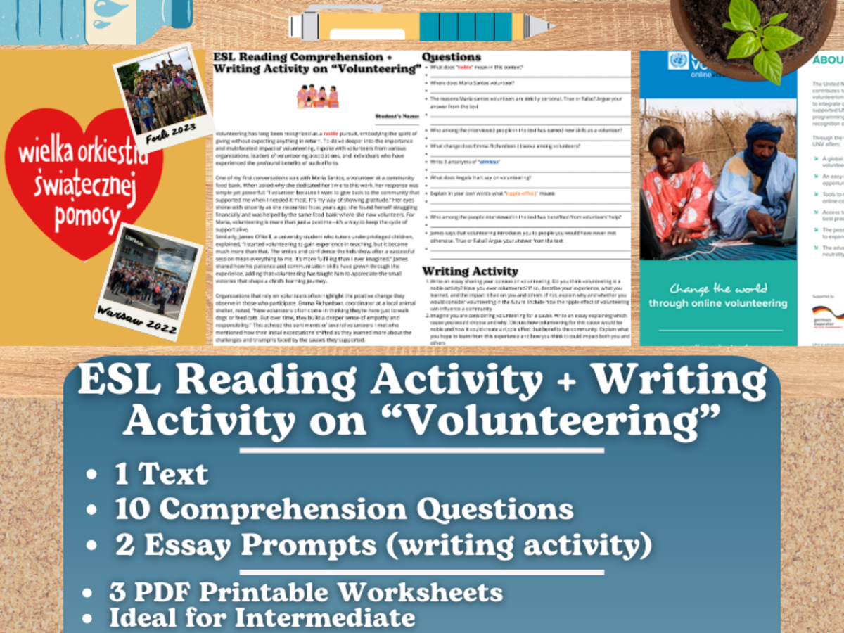 An educational teaching resource from Learning with Alan entitled ESL Reading Comprehension + Writing Activity Worksheet - Volunteering downloadable at Teach Simple.